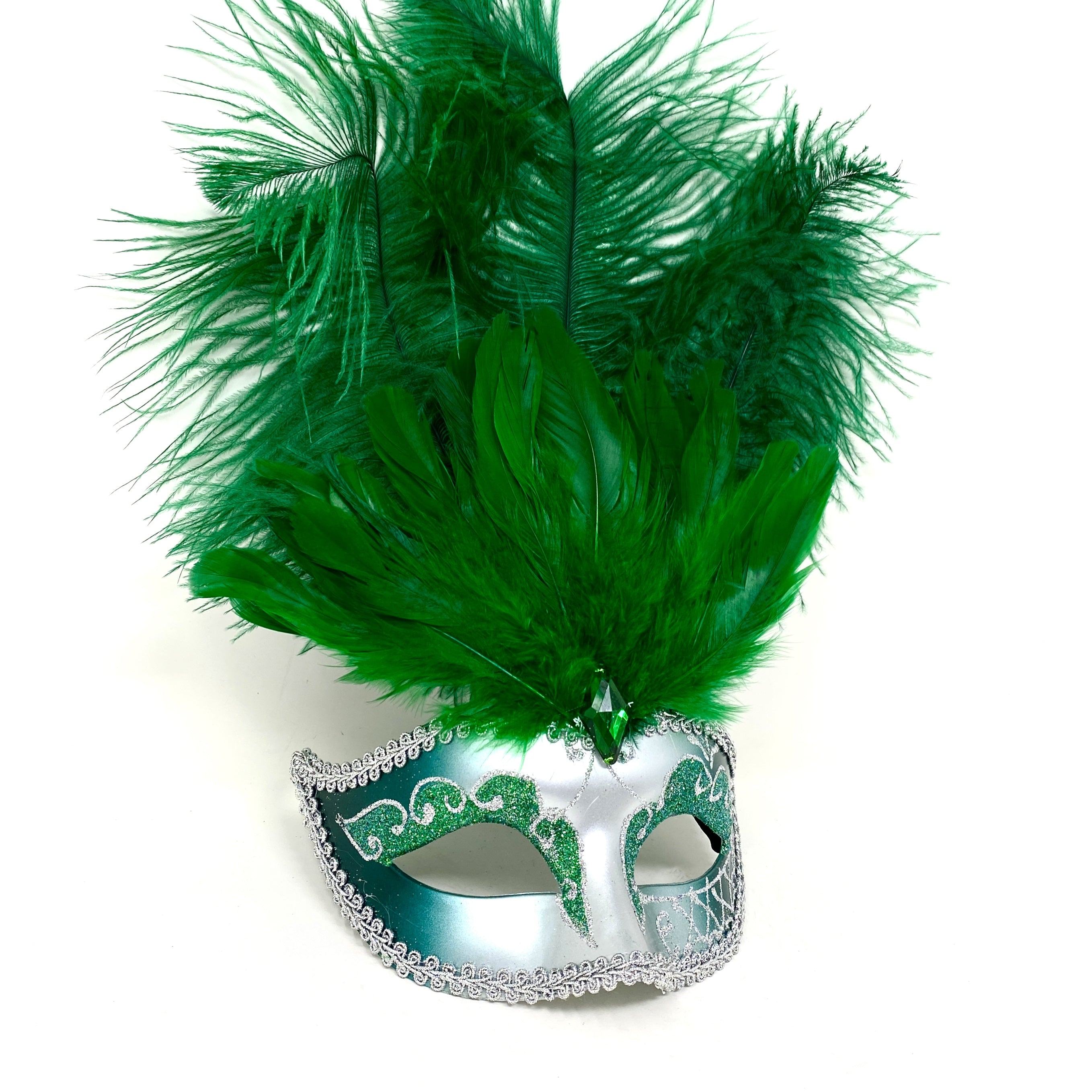 Women Feather Masquerade Party Mask For Mardi Gras , Halloween - Green & Silver