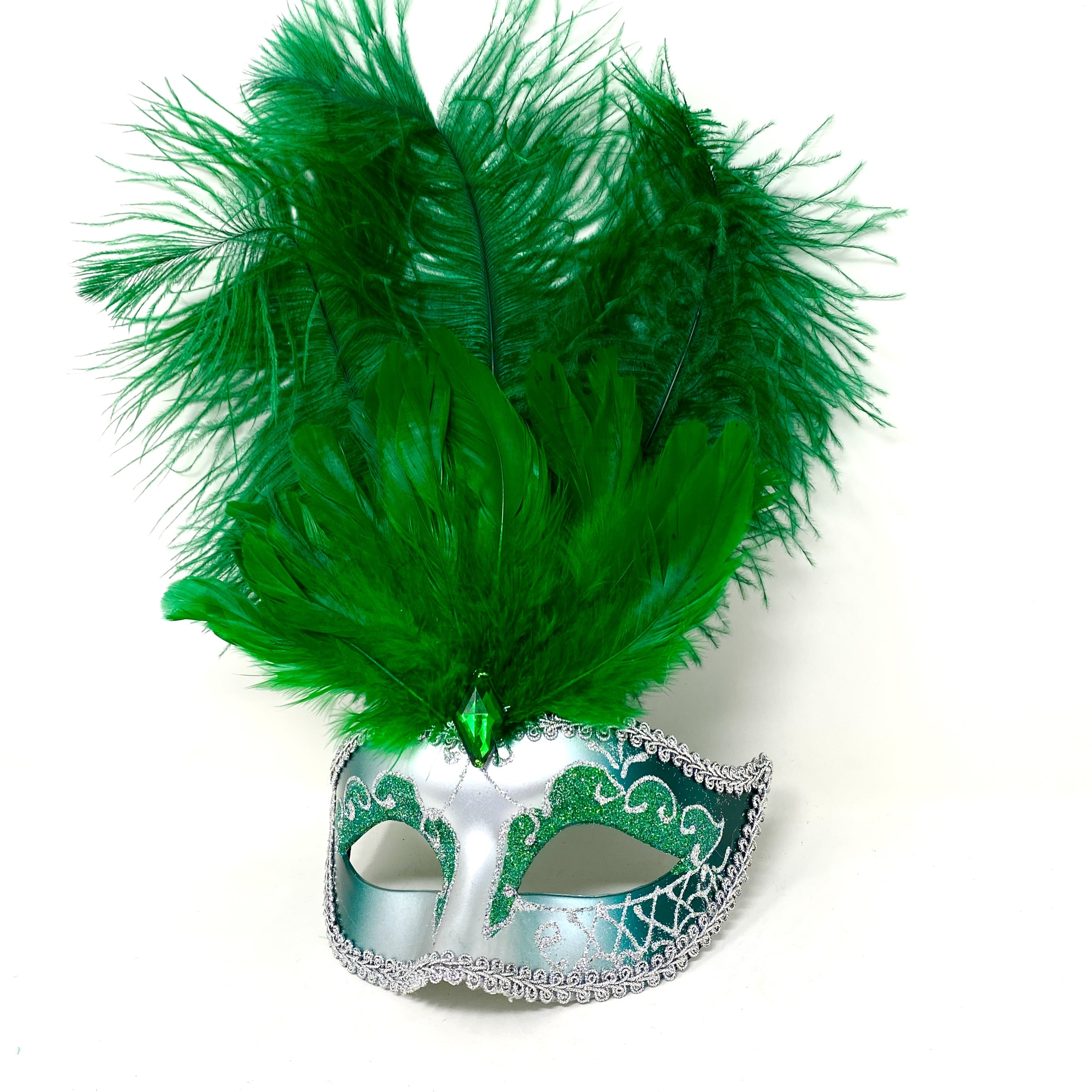 Women Feather Masquerade Party Mask For Mardi Gras , Halloween - Green & Silver