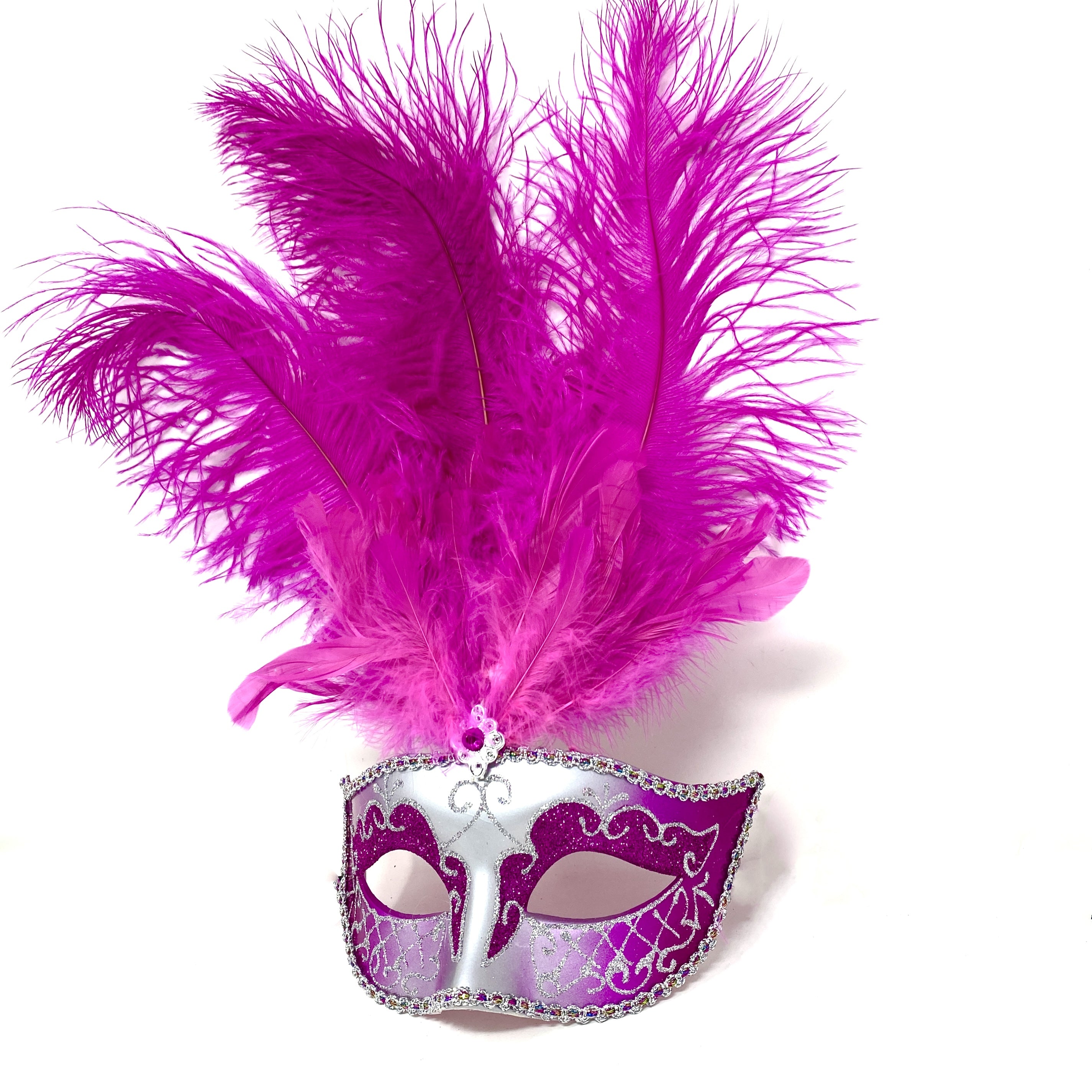 Women Feather Masquerade Party Mask For Mardi Gras , Halloween - Pink & Silver