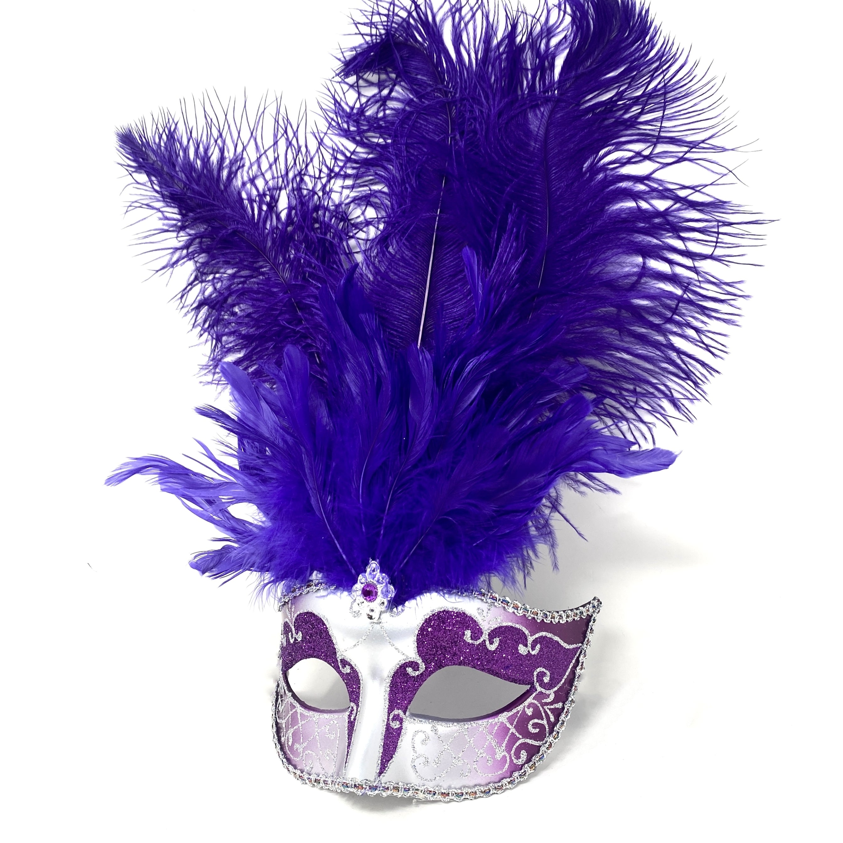 Women Feather Masquerade Party Mask For Mardi Gras , Halloween - Purple & Silver