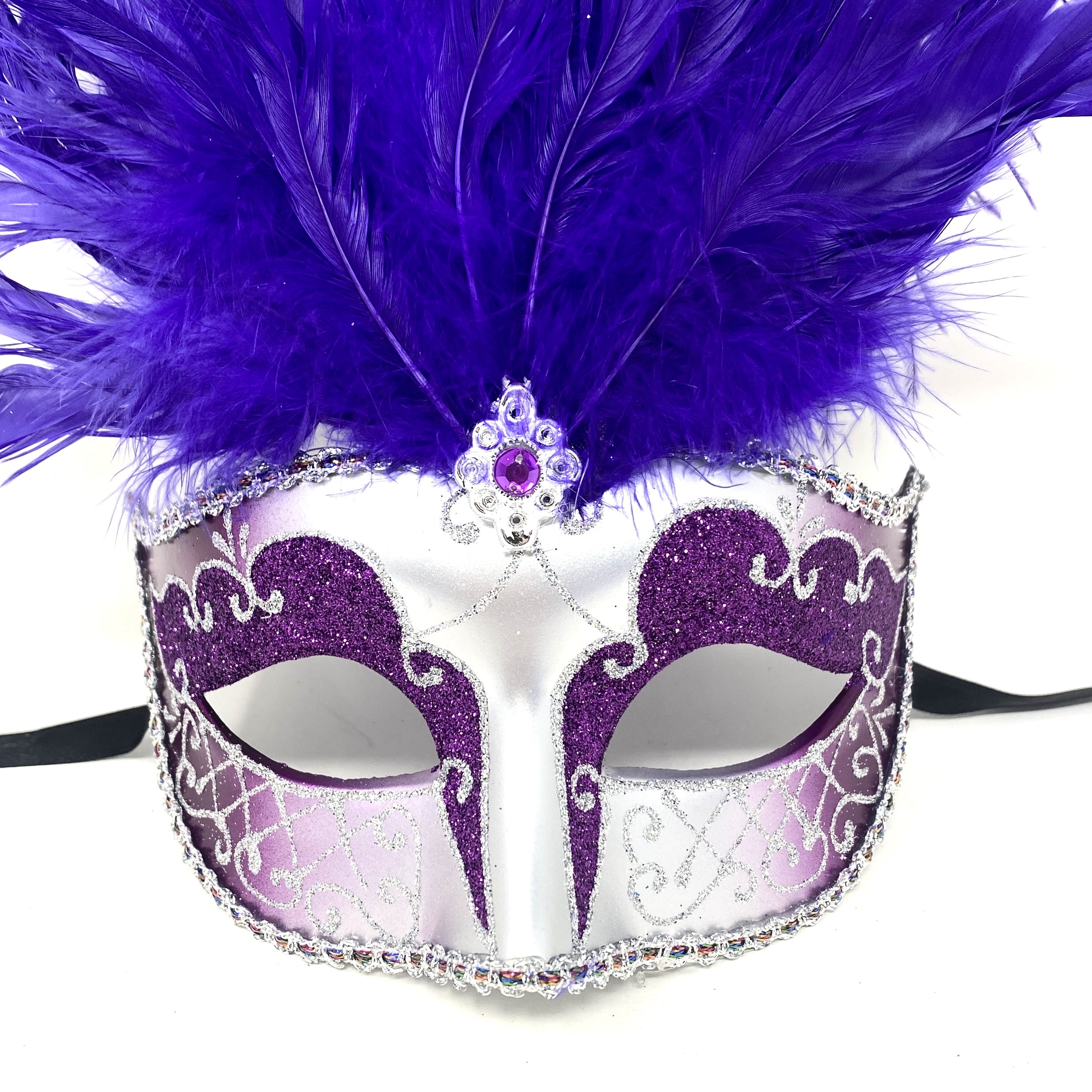 Women Feather Masquerade Party Mask For Mardi Gras , Halloween - Purple & Silver
