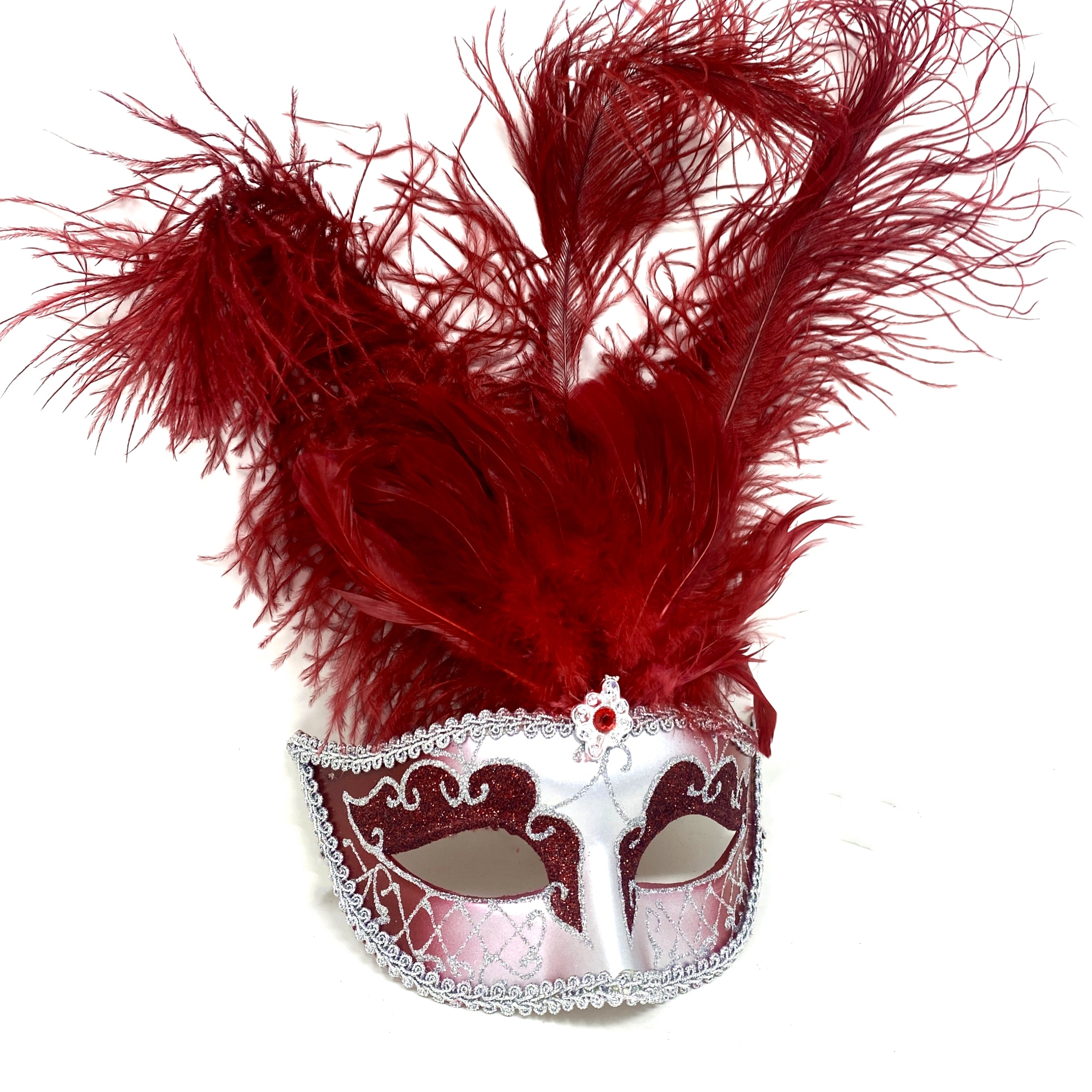 Women Feather Masquerade Party Mask For Mardi Gras , Halloween - red & silver