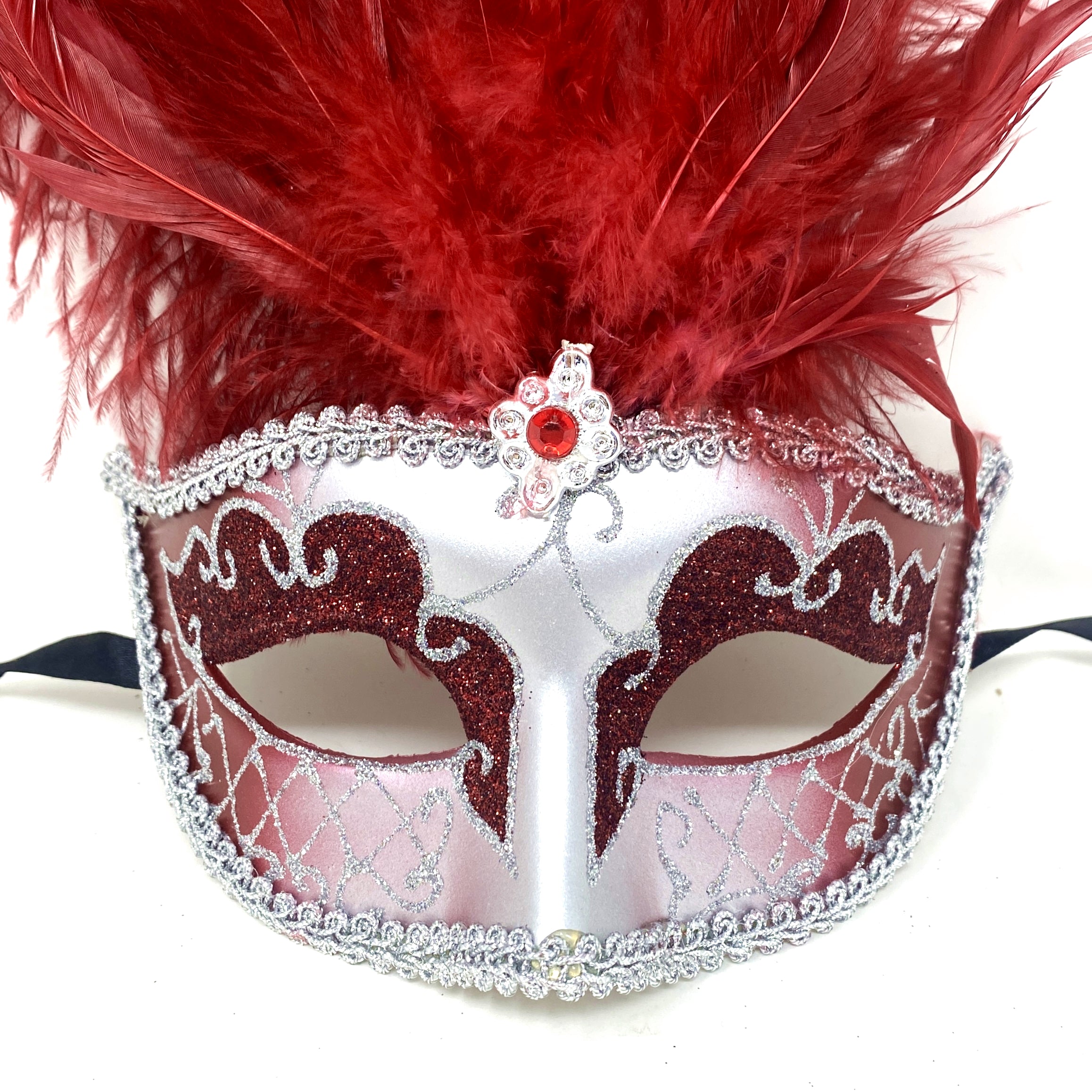 Women Feather Masquerade Party Mask For Mardi Gras , Halloween - red & silver