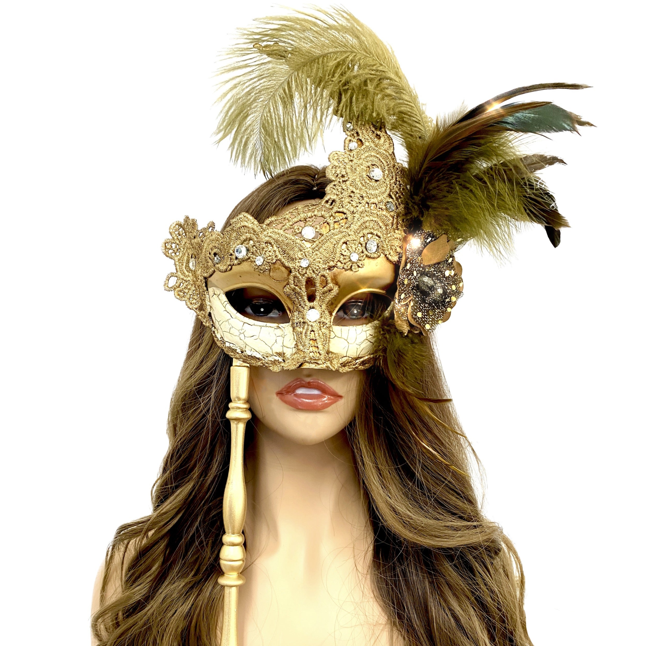 Women Costume Venetian Feather Masquerade Party Mask With Stick, For Halloween , Mardi Gras Masks