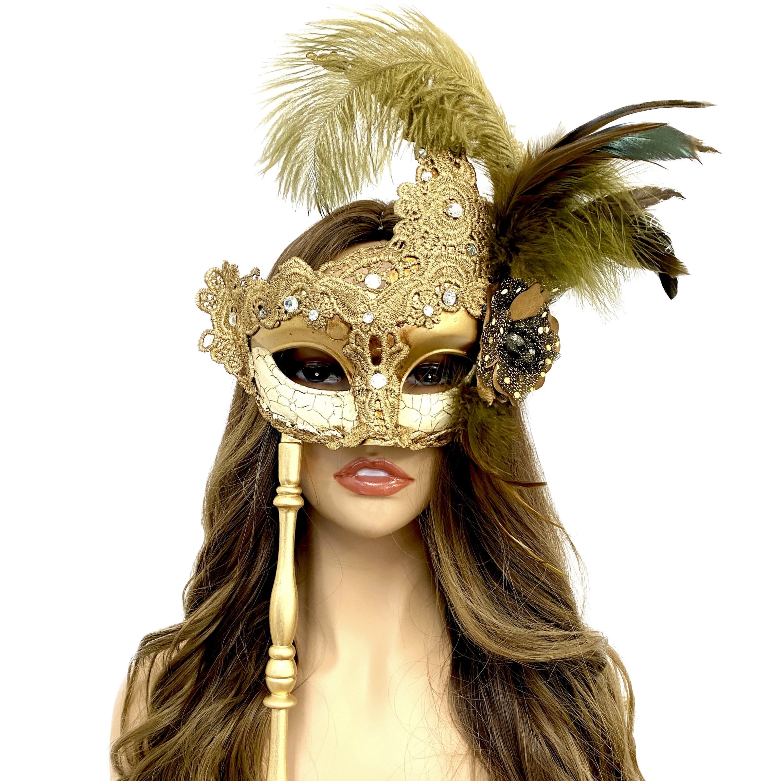 Women Costume Venetian Feather Masquerade Party Mask With Stick, For Halloween , Mardi Gras Masks