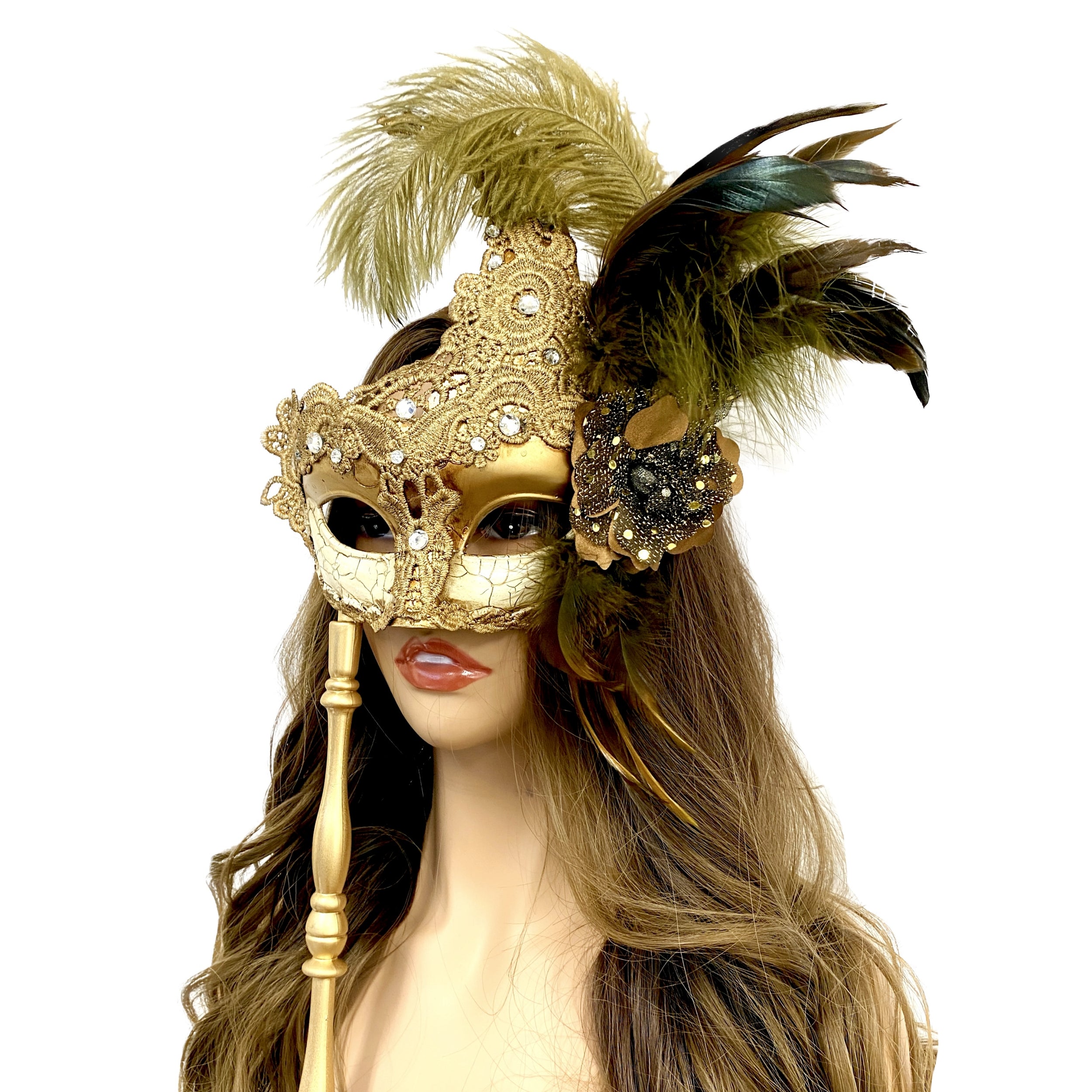 Women Venetian Feather Masquerade Party Mask With Hand Held Stick, For Halloween , Mardi Gras Costume Masks - Gold