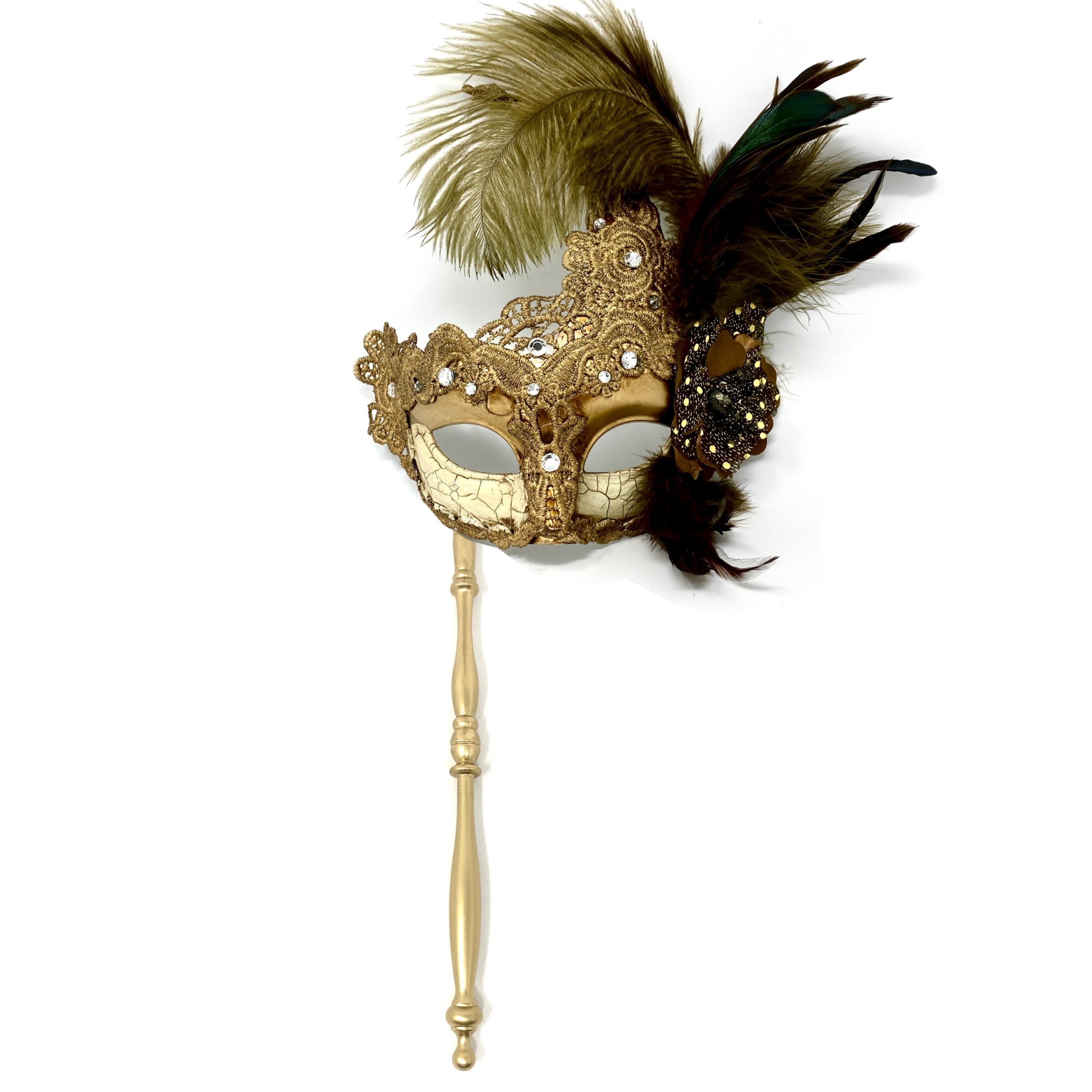 Women Venetian Feather Masquerade Party Mask With Hand Held Stick, For Halloween , Mardi Gras Costume Masks - Gold