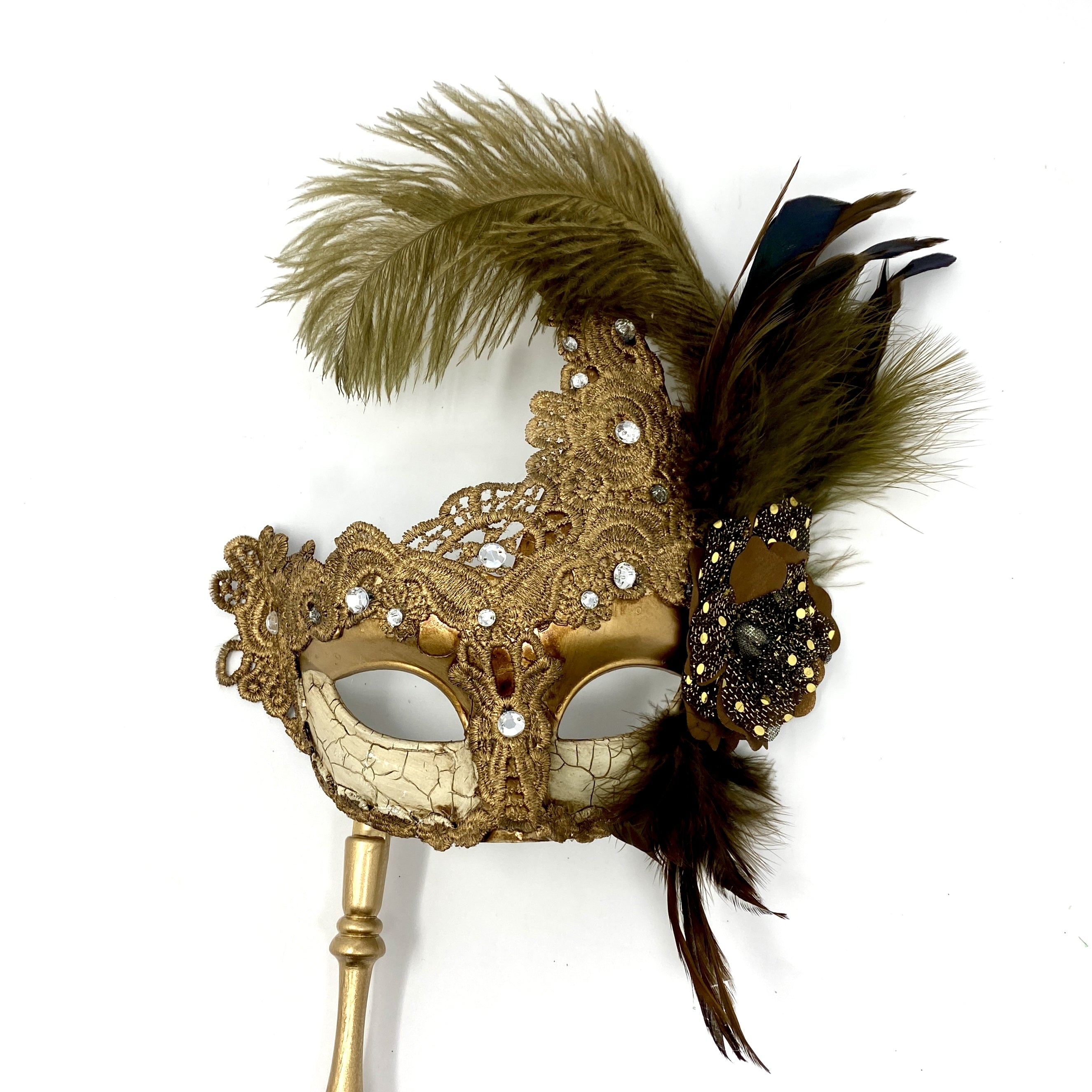 Women Venetian Feather Masquerade Party Mask With Hand Held Stick, For Halloween , Mardi Gras Costume Masks - Gold