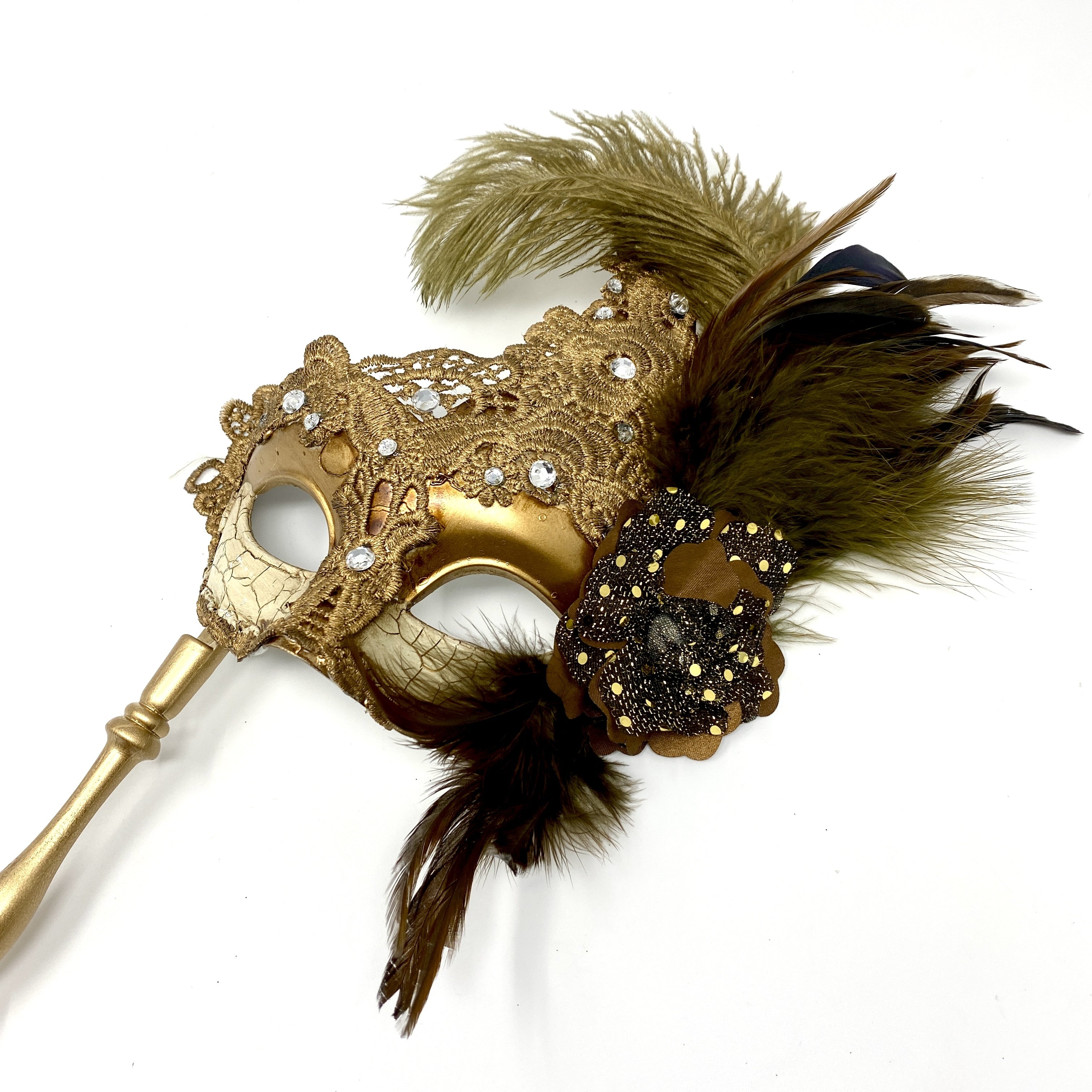 Women Costume Venetian Feather Masquerade Mask Party With Stick, For Halloween , Mardi Gras Masks