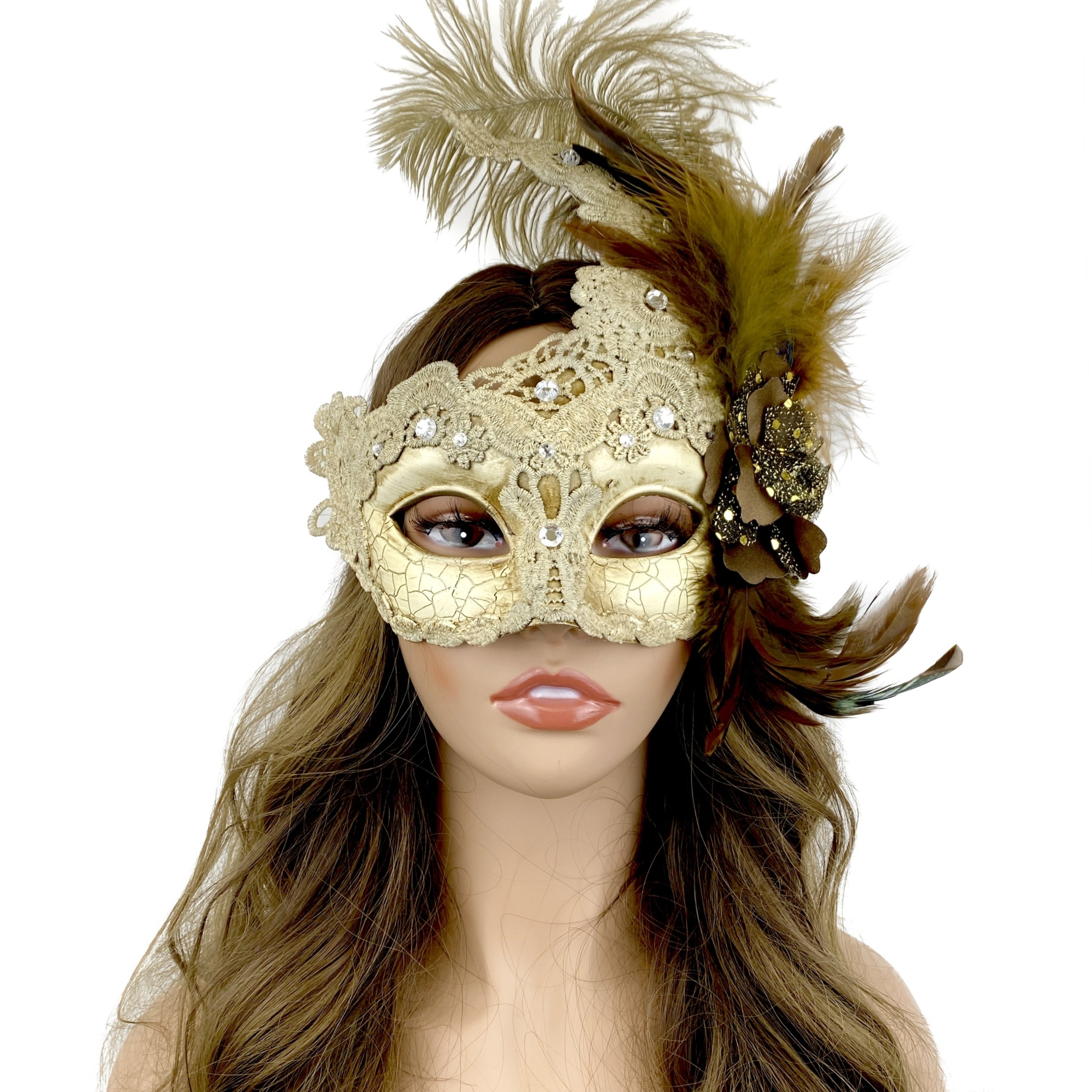 Beige Women Venetian Feather Masquerade Party Mask For Mardi Gras , Halloween