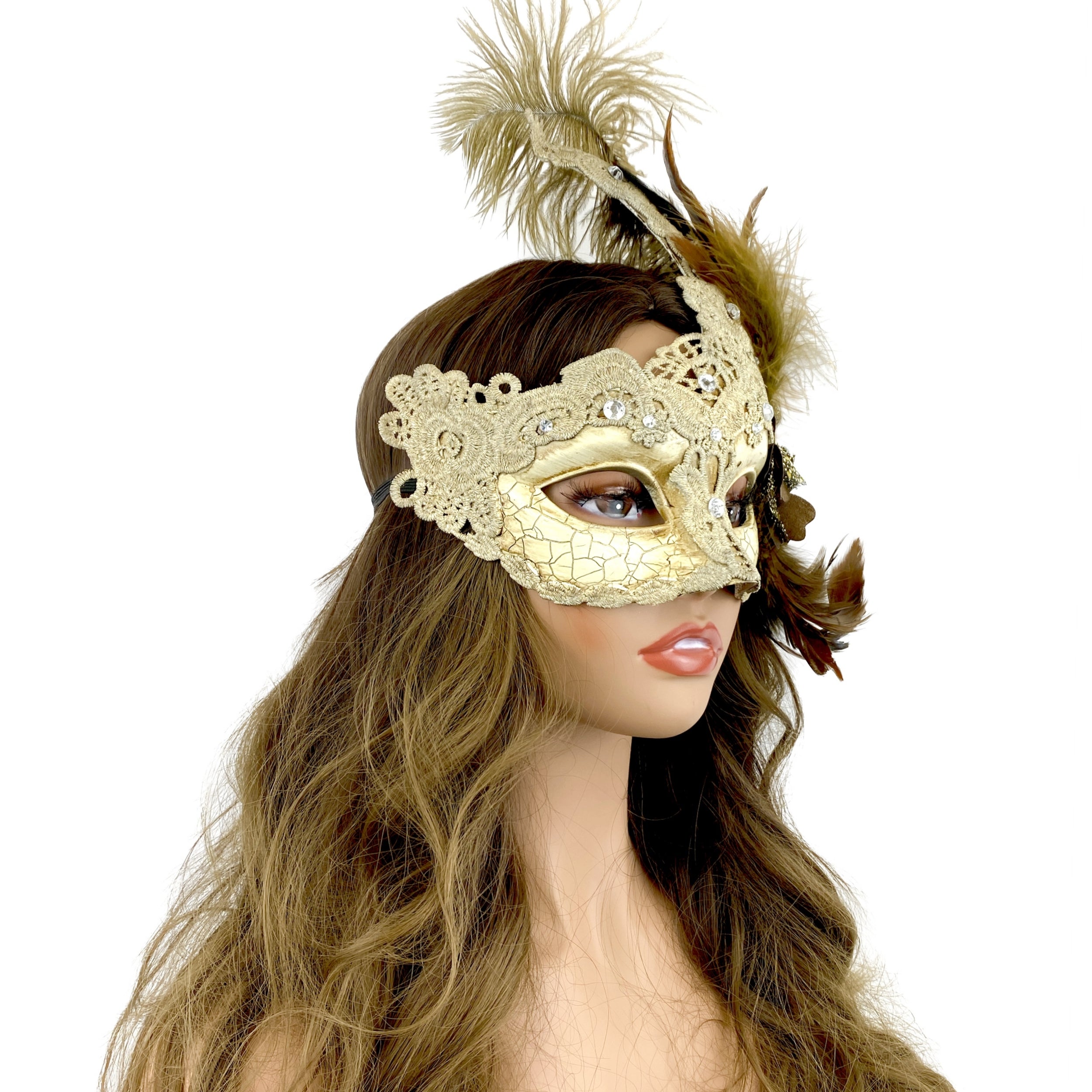 Beige Women Venetian Feather Masquerade Party Mask For Mardi Gras , Halloween