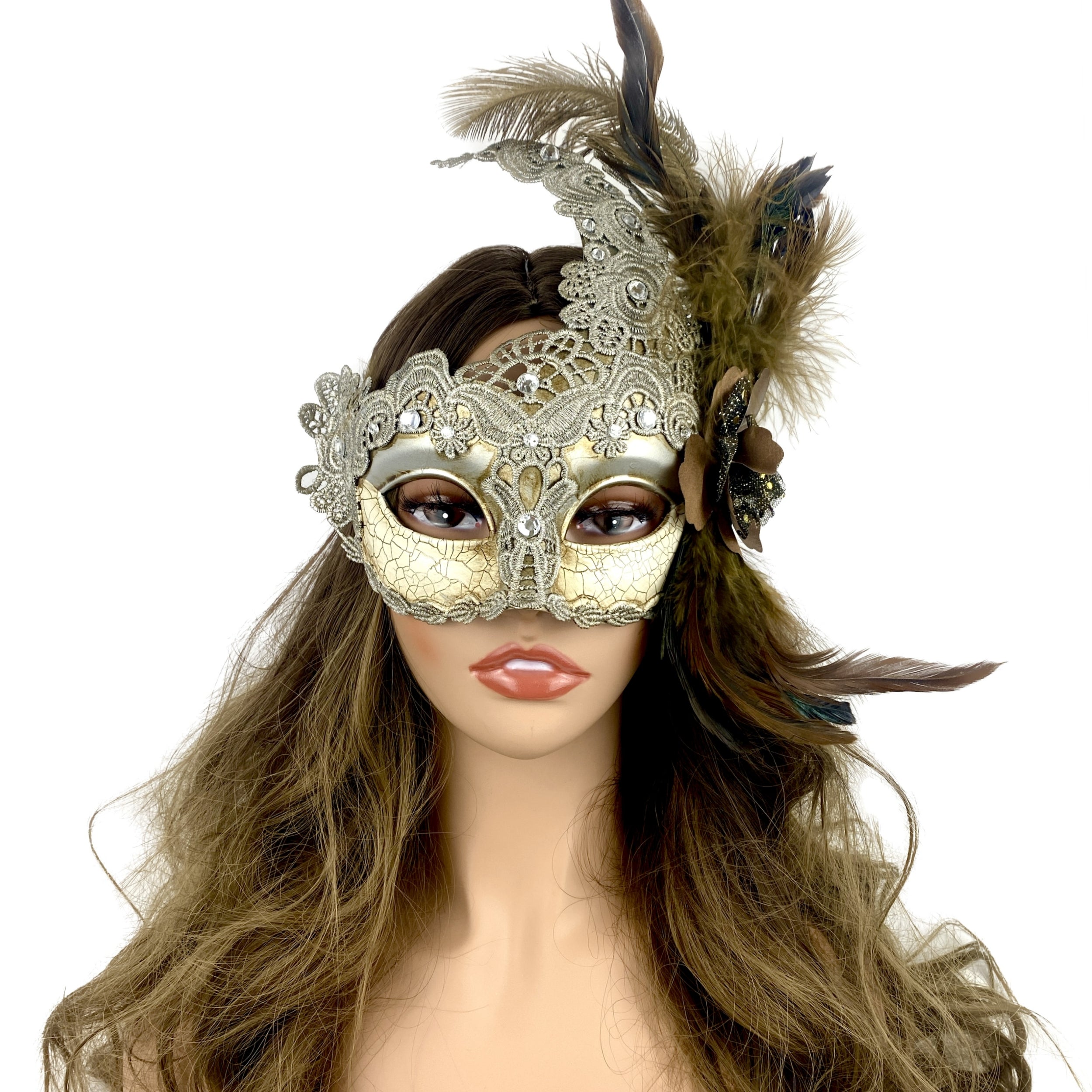 Silver Women Venetian Feather Masquerade Party Mask For Mardi Gras , Halloween