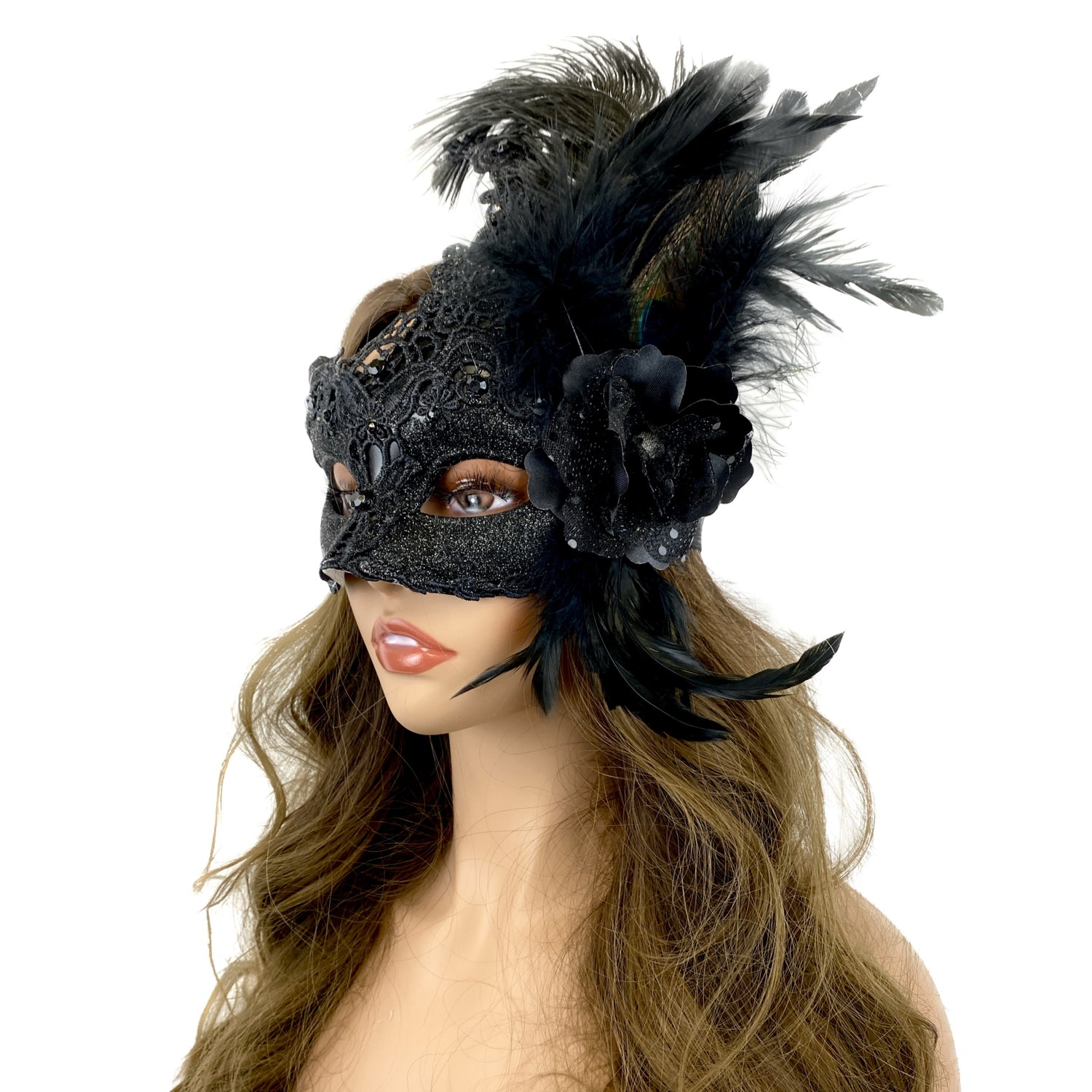 Black Women Masquerade Mask Costume Venetian Feather Masks For Mardi Gras Party, Halloween