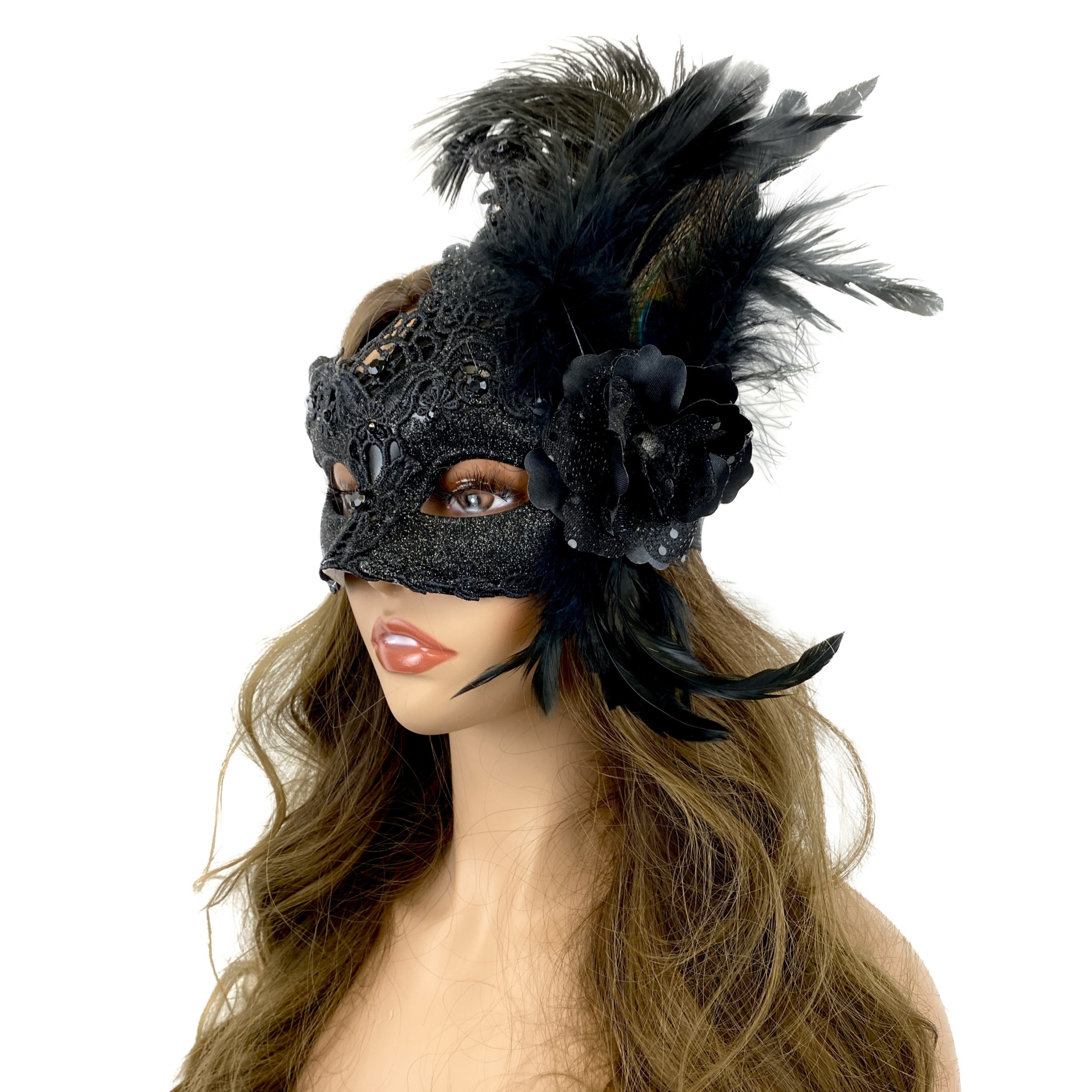 Women Costume Venetian Feather Masquerade Mask For Mardi Gras Halloween
