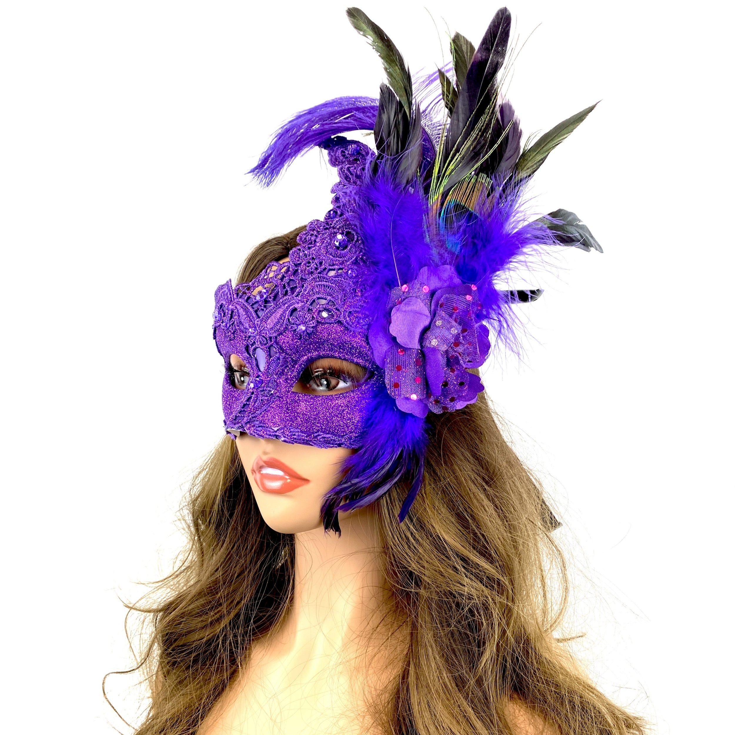 Women Costume Venetian Feather Masquerade Mask For Mardi Gras Halloween