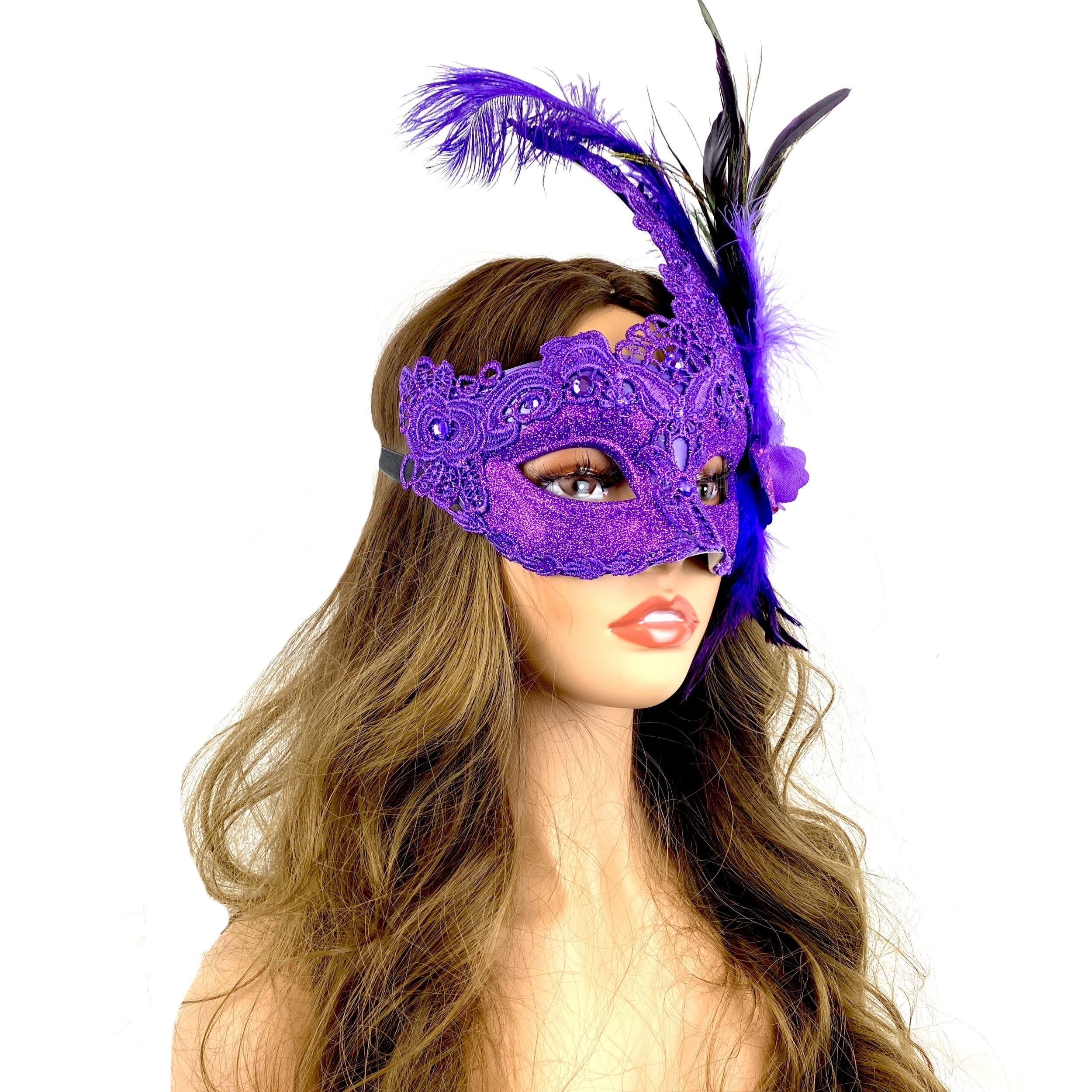 Purple Women Venetian Feather Masquerade Party Mask For Mardi Gras , Halloween