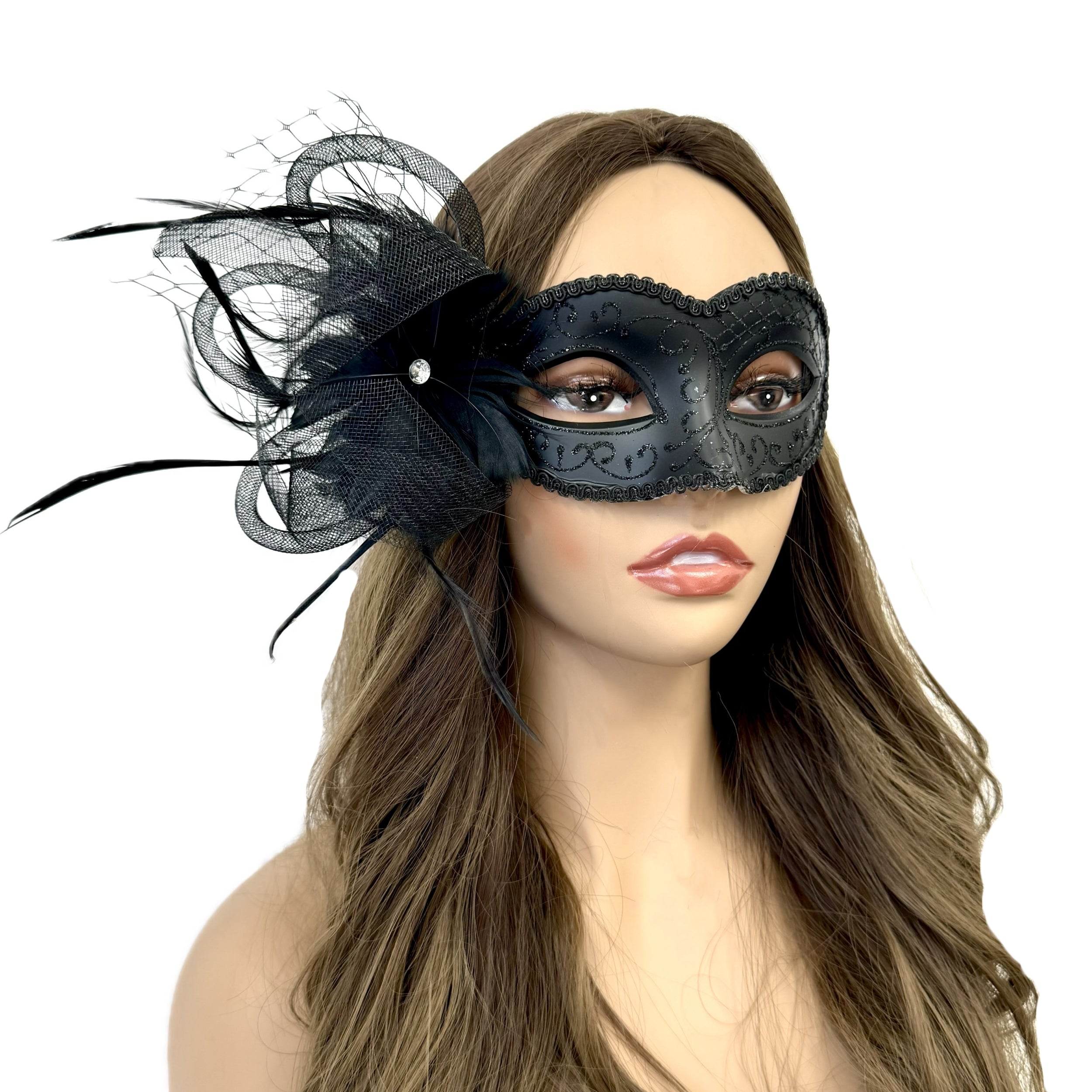 Black Women Masquerade Mask Costume Venetian Feather Masks For Mardi Gras Party, Halloween