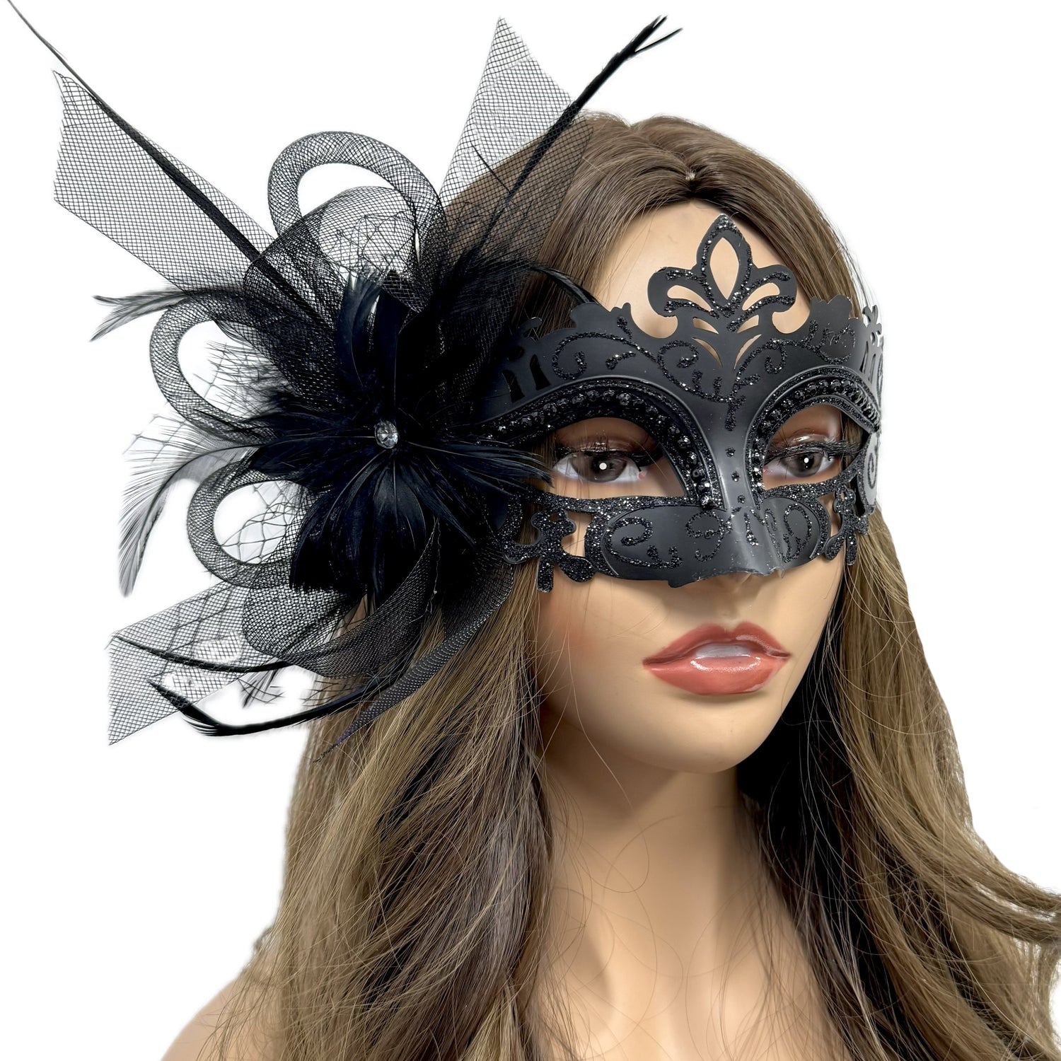 Black Women Masquerade Mask Costume Venetian Feather Masks For Mardi Gras Party, Halloween