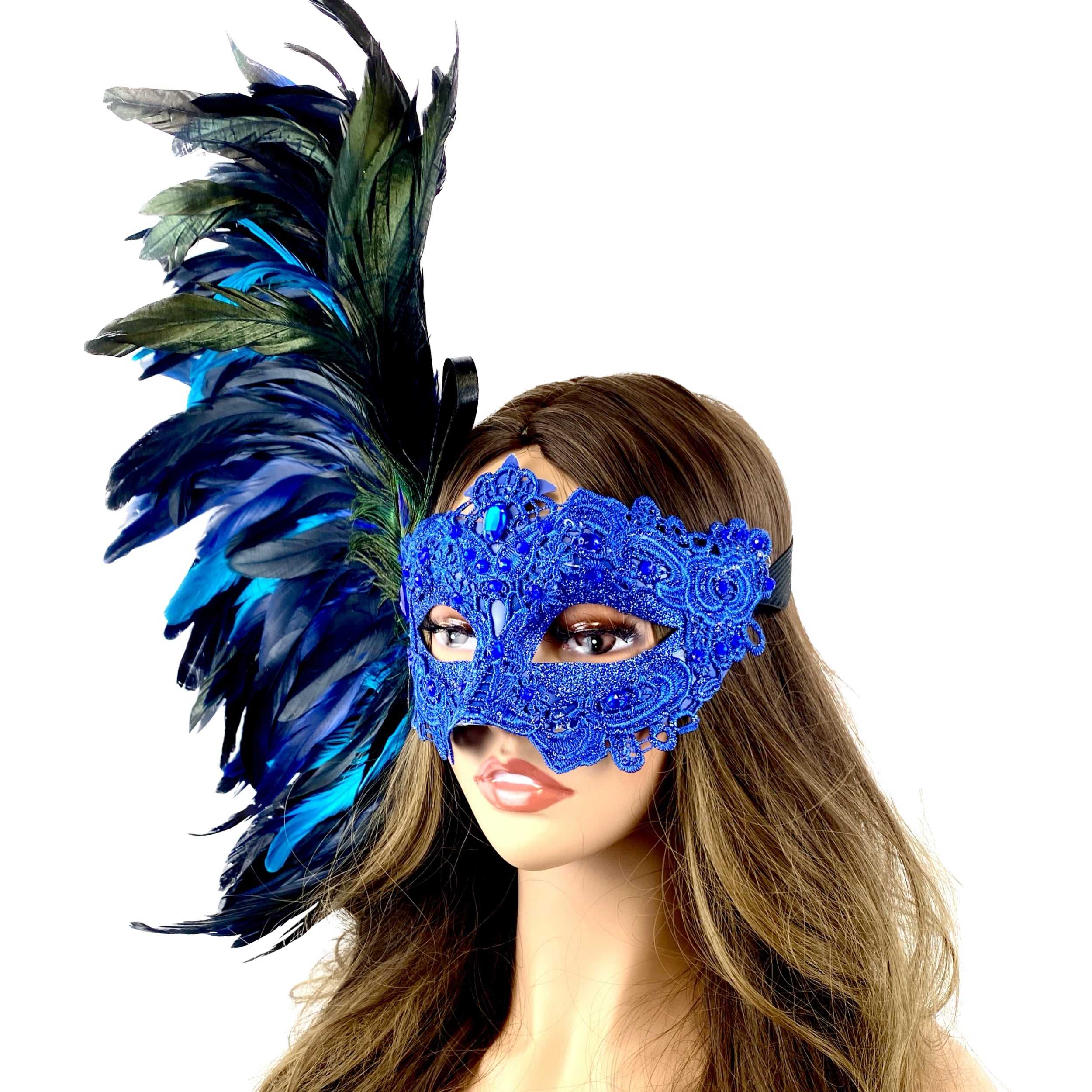 Blue Women Venetian Feather Masquerade Party Mask For Mardi Gras , Halloween