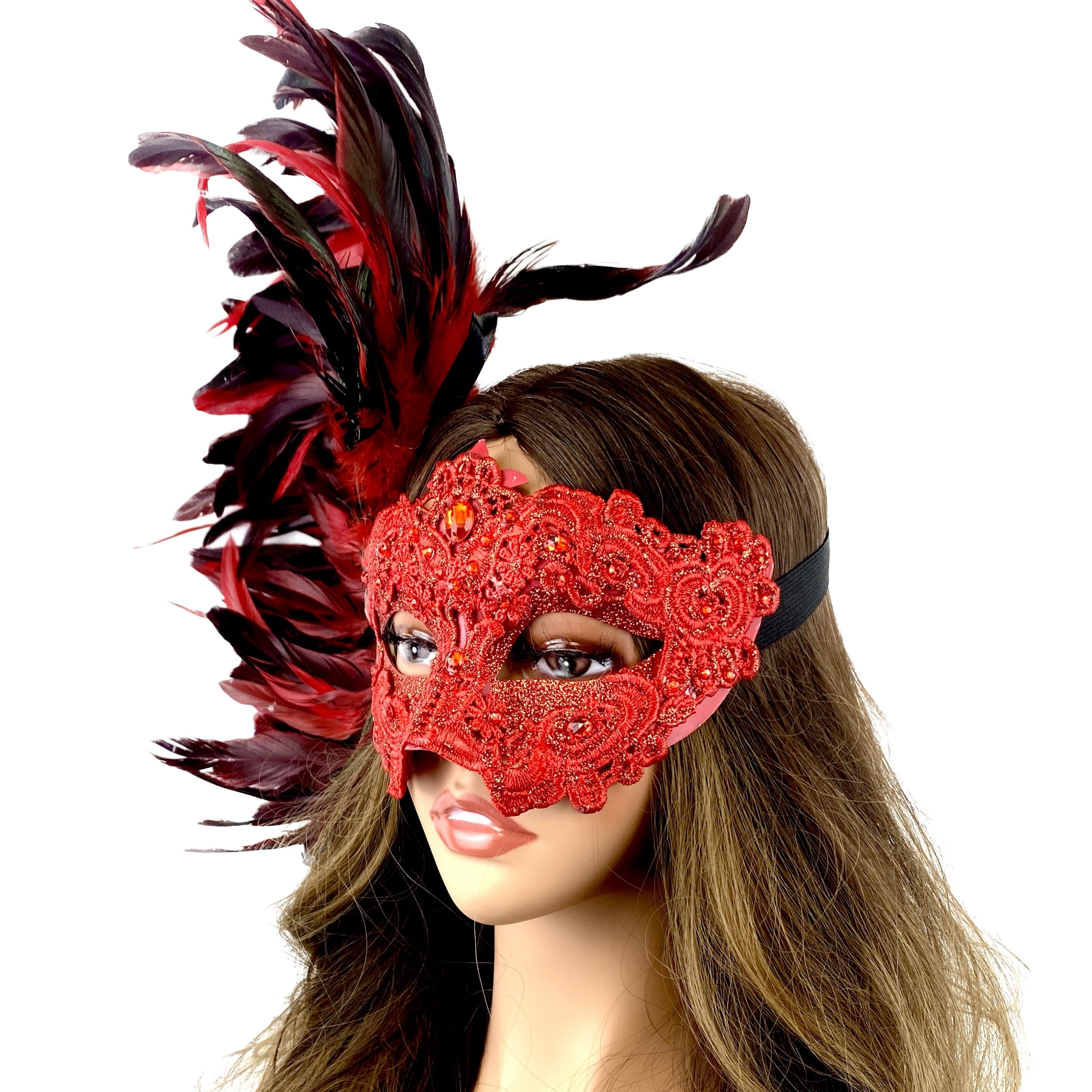 Red Women Venetian Feather Masquerade Party Mask For Mardi Gras , Halloween