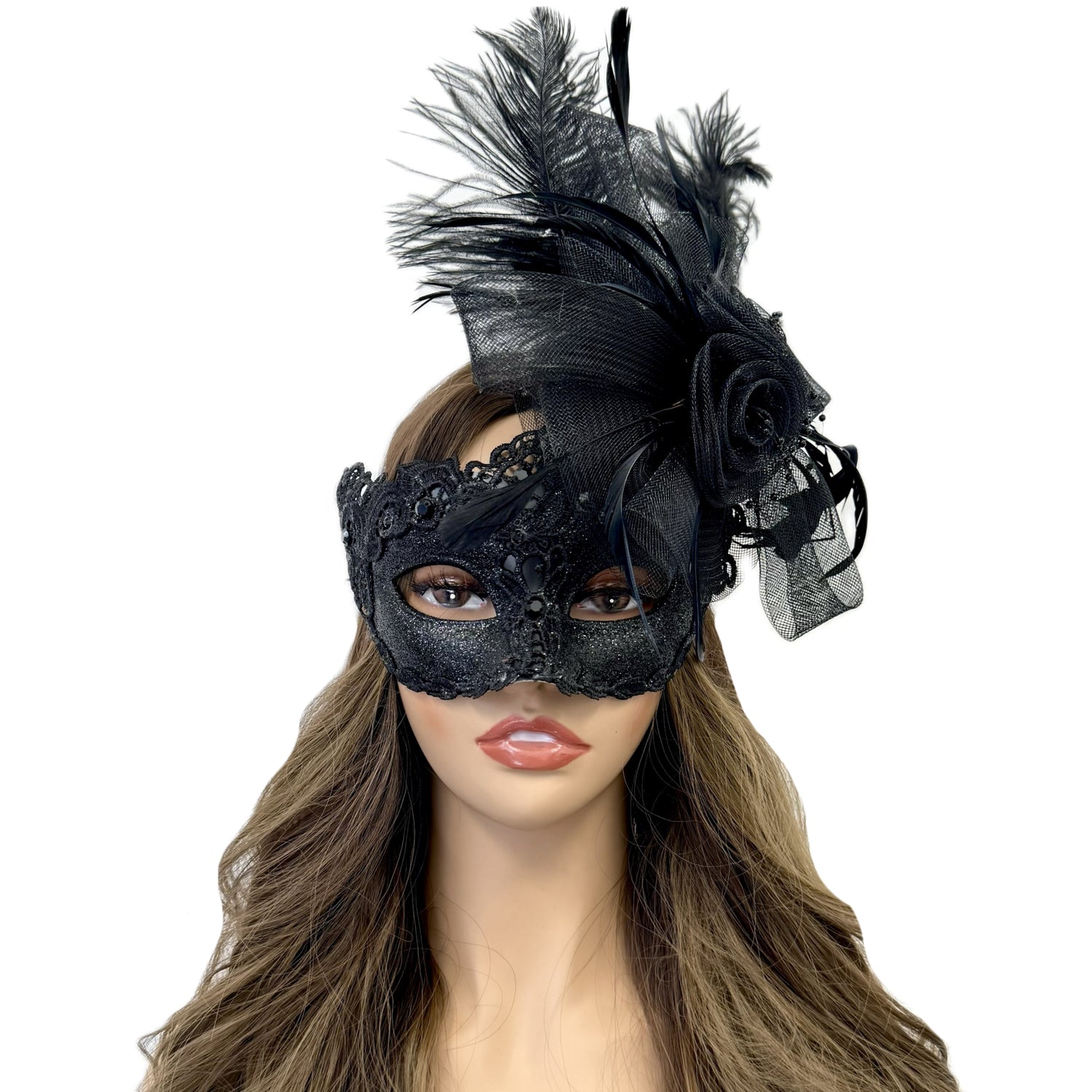 Black Women Masquerade Mask Costume Venetian Feather Masks For Mardi Gras Party, Halloween