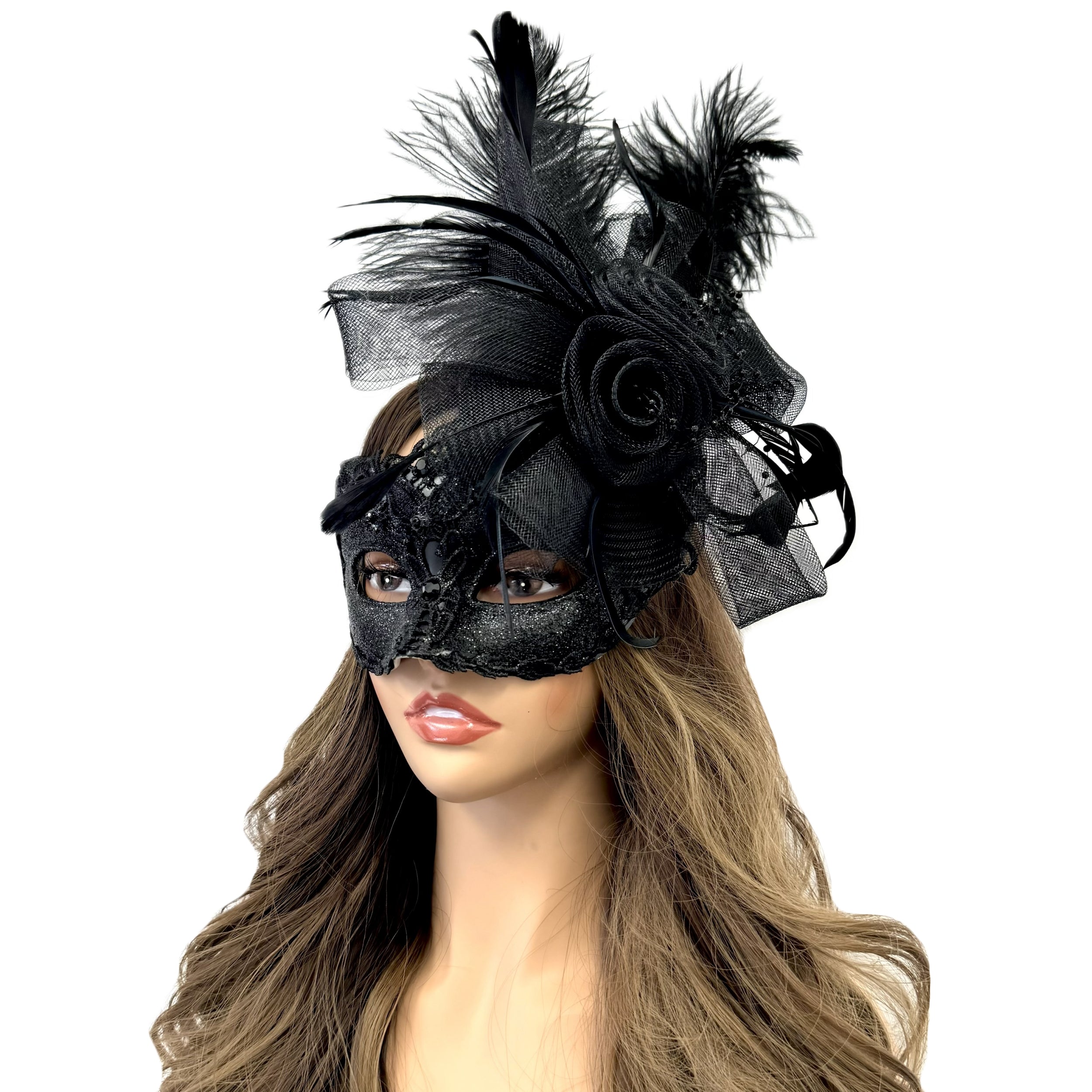 Black Women Masquerade Mask Costume Venetian Feather Masks For Mardi Gras Party, Halloween
