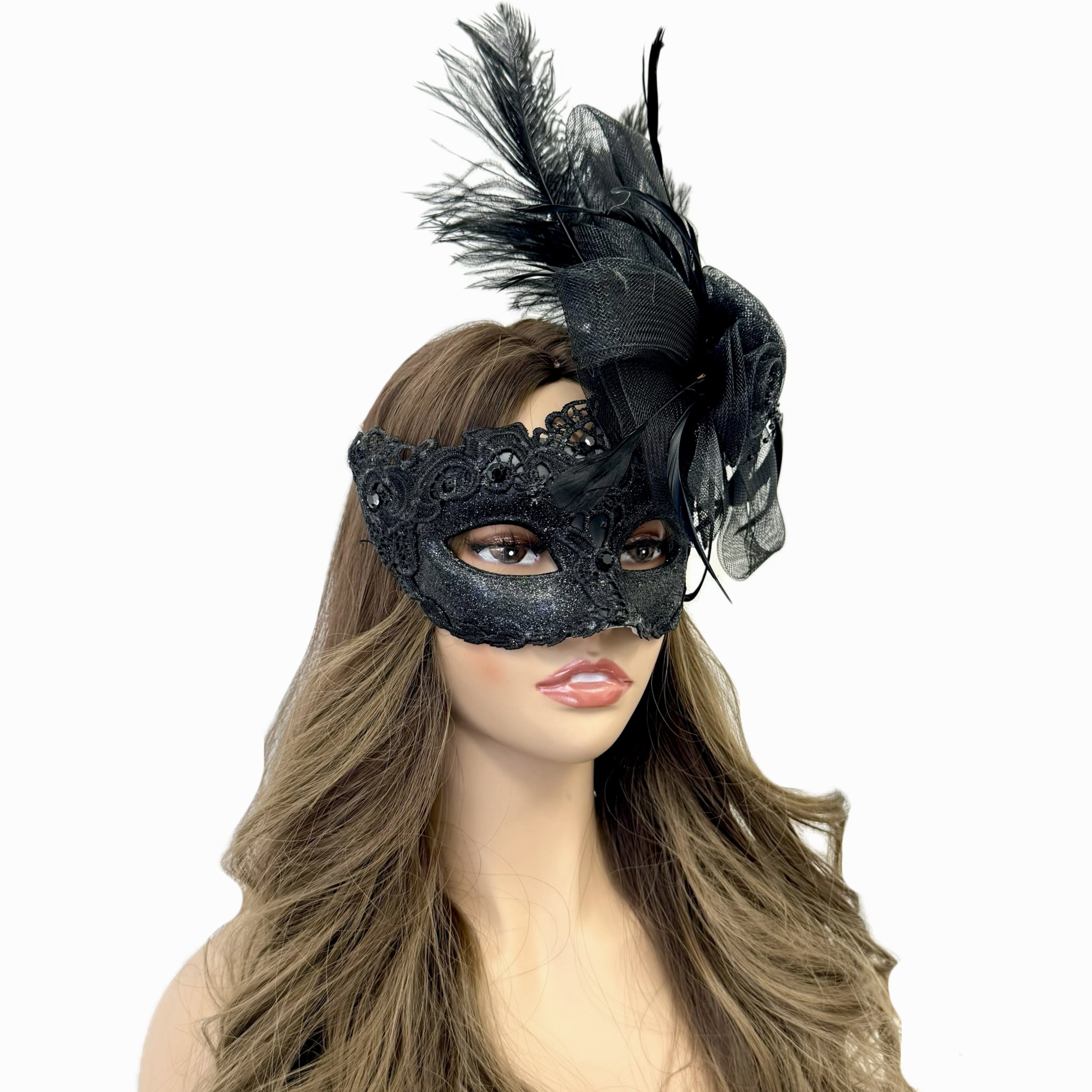 Black Women Masquerade Mask Costume Venetian Feather Masks For Mardi Gras Party, Halloween