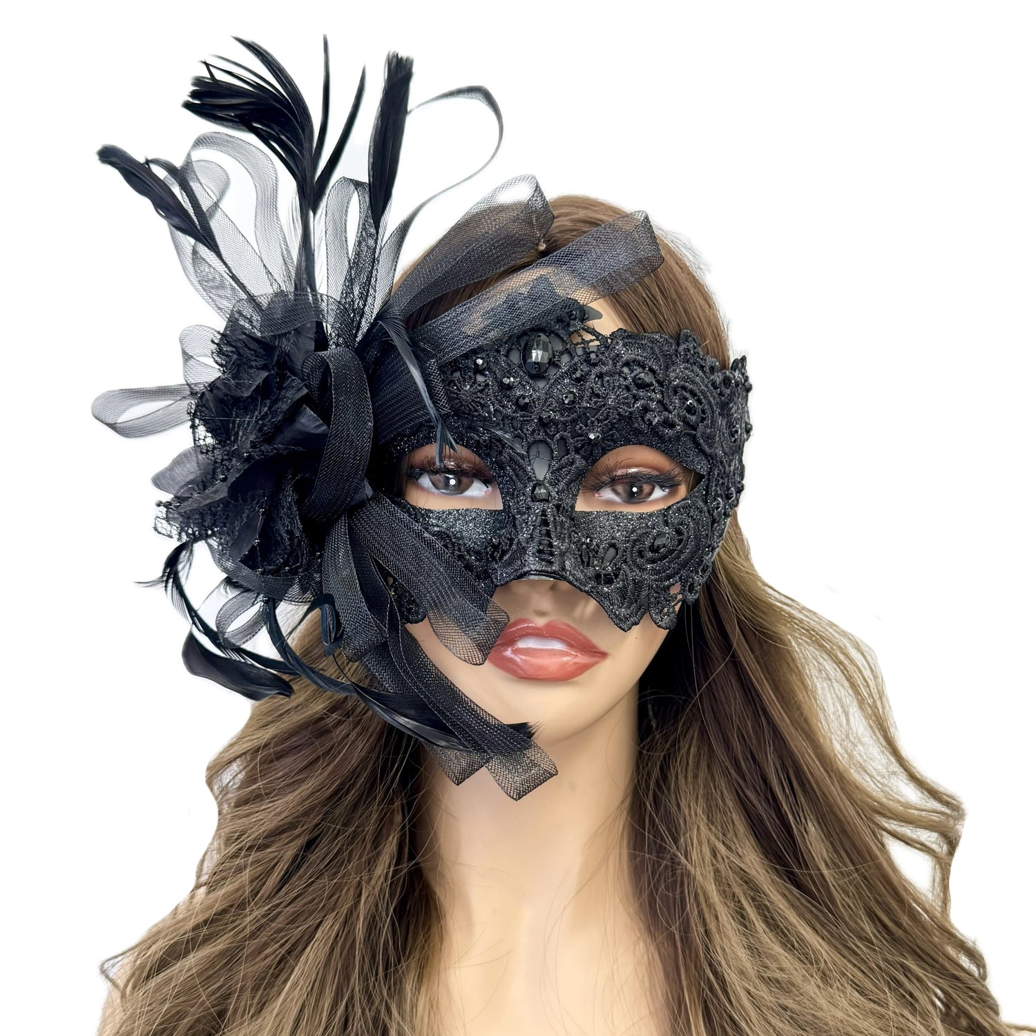 Black Women Masquerade Mask Costume Venetian Feather Masks For Mardi Gras Party, Halloween