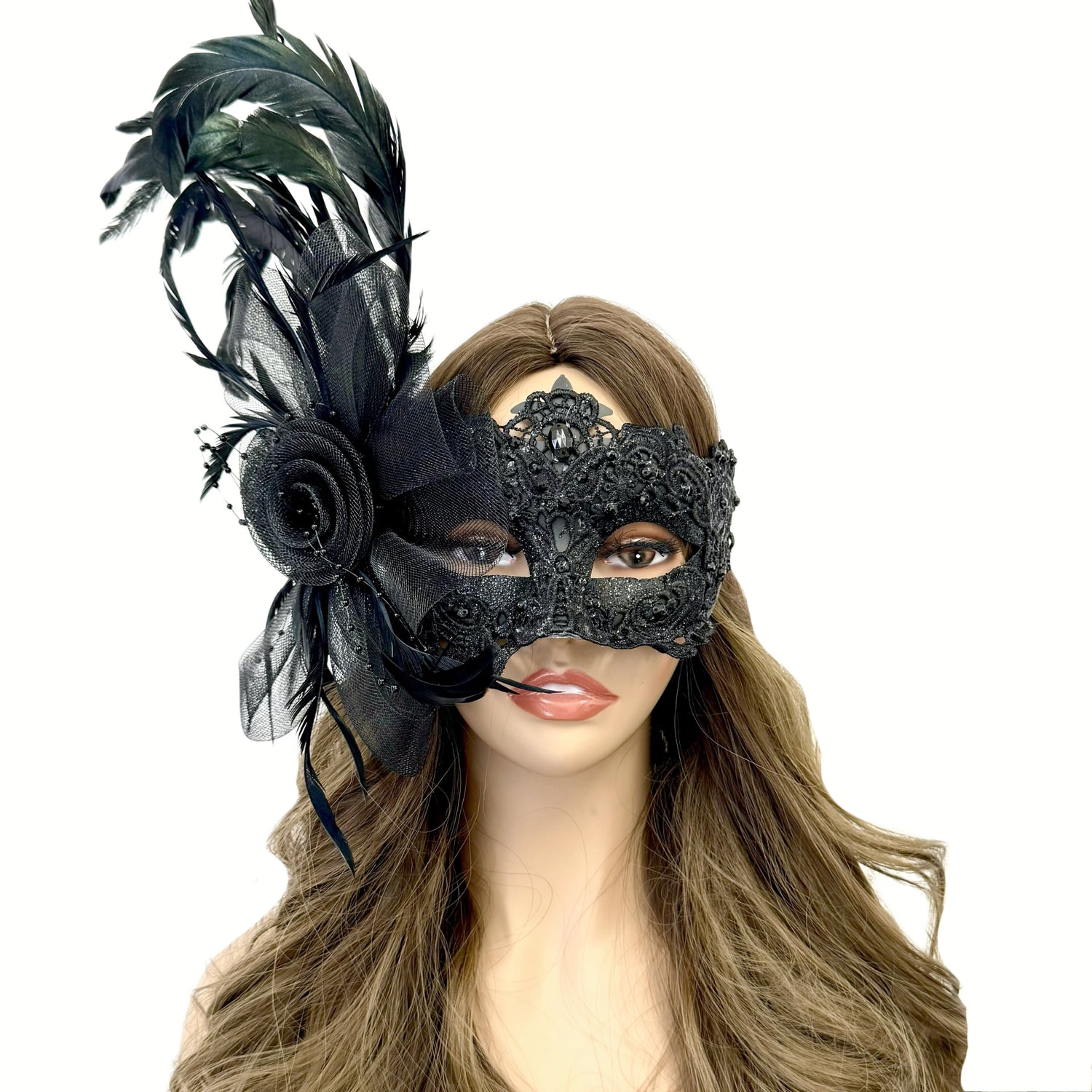 Black Women Masquerade Mask Costume Venetian Feather Masks For Mardi Gras Party, Halloween
