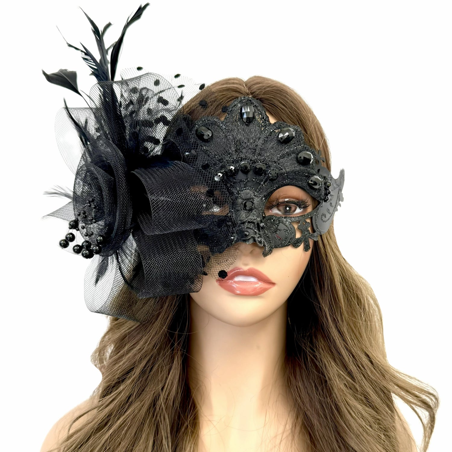 Black Women Masquerade Mask Costume Venetian Feather Masks For Mardi Gras Party, Halloween