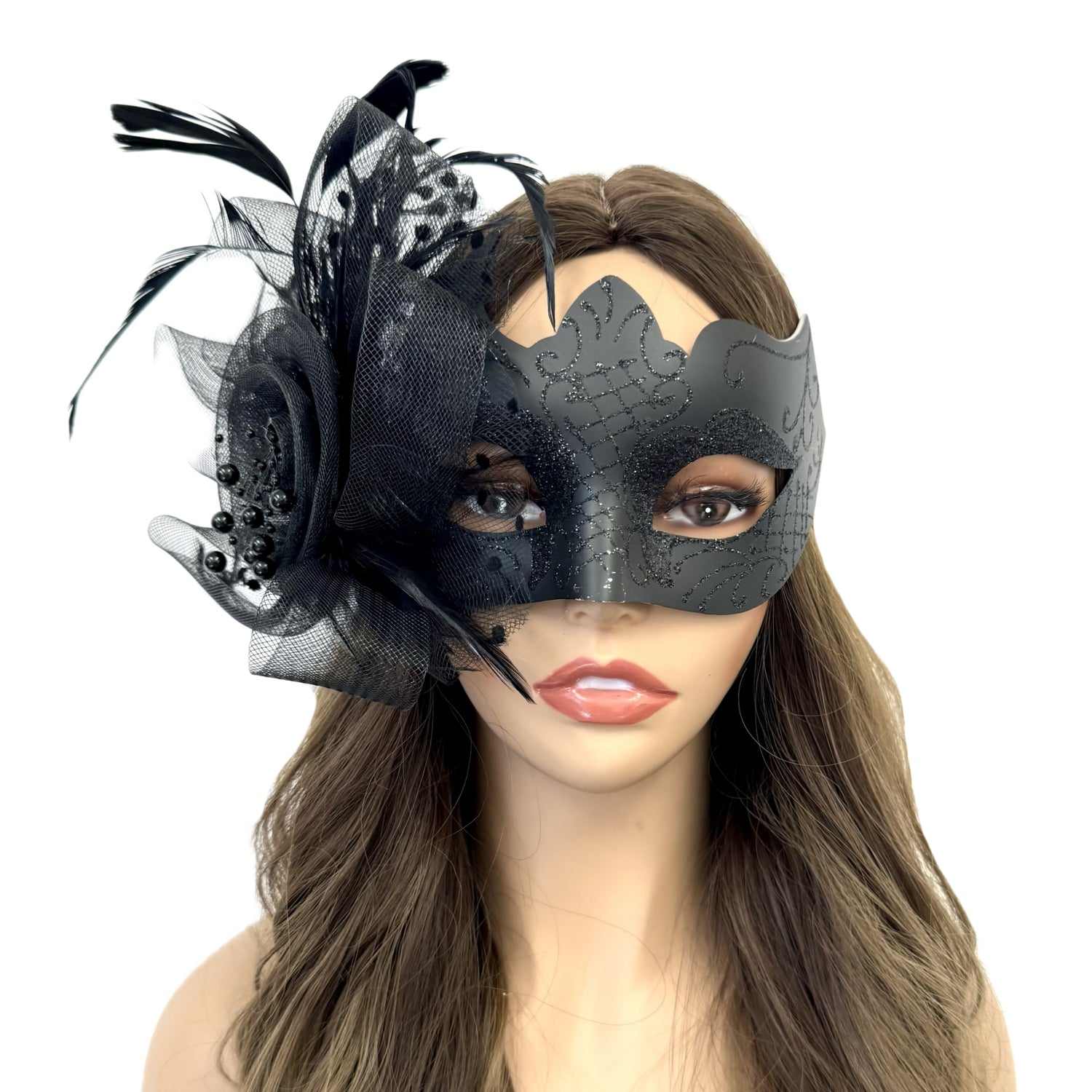 Black Women Masquerade Mask Costume Venetian Feather Masks For Mardi Gras Party, Halloween