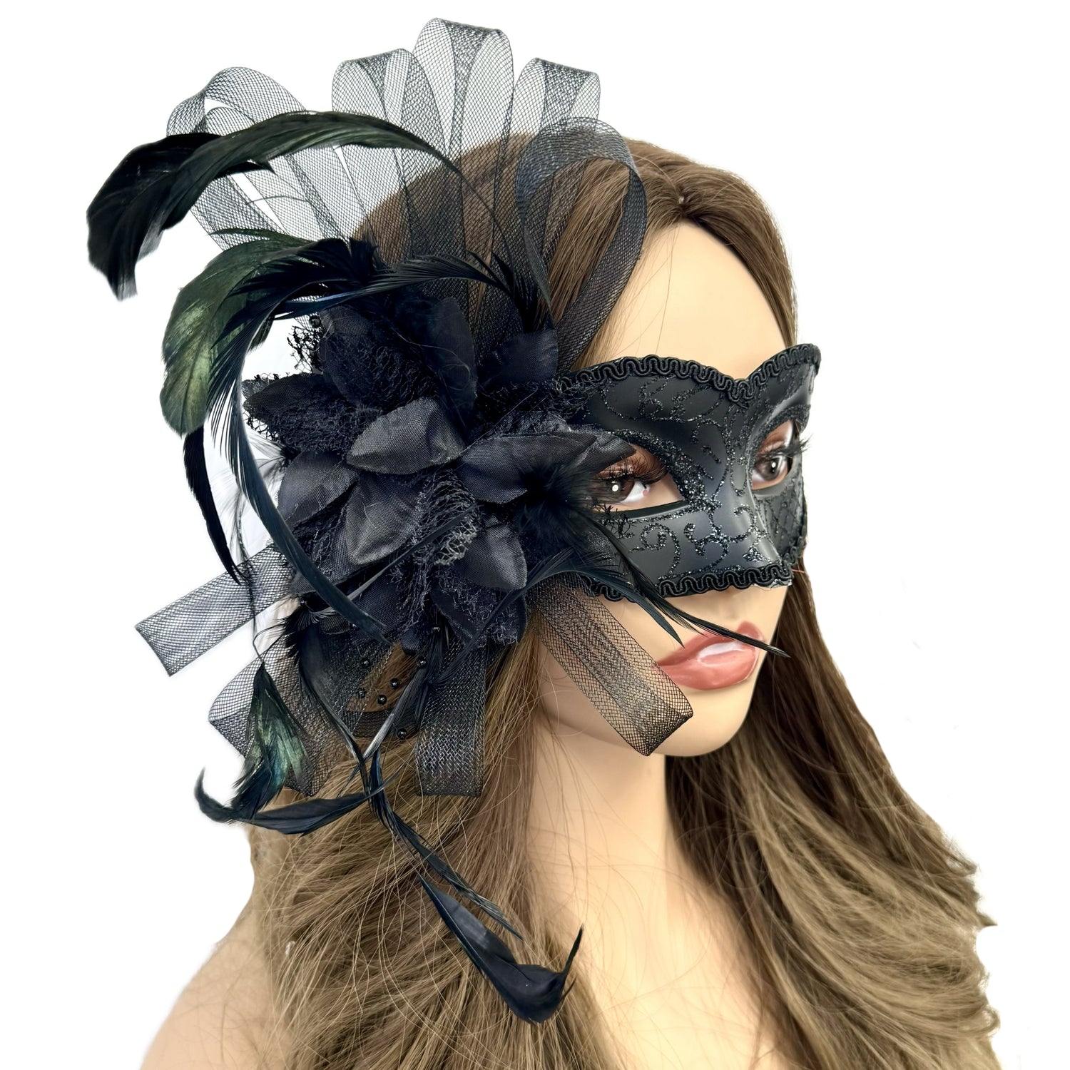 Black Women Masquerade Mask Costume Venetian Feather Masks For Mardi Gras Party, Halloween