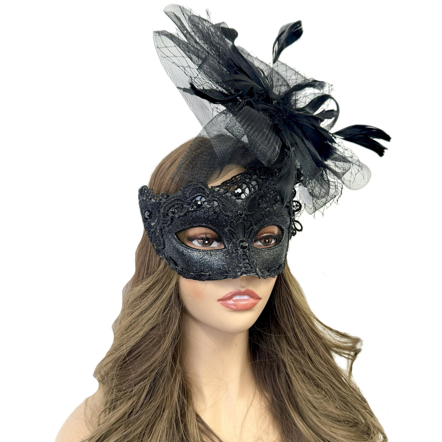 Black Women Masquerade Mask Costume Venetian Feather Masks For Mardi Gras Party, Halloween