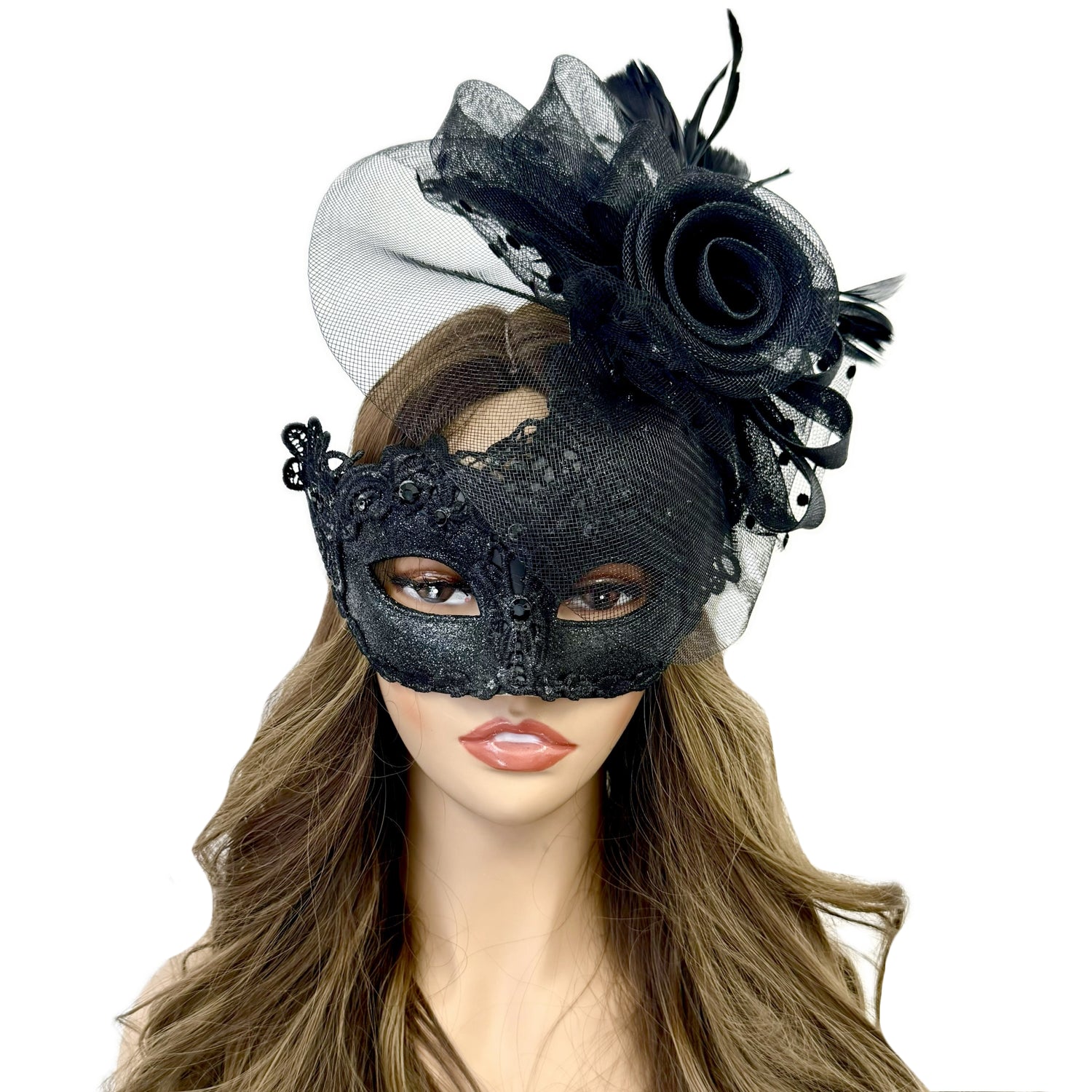 Black Women Masquerade Mask Costume Venetian Feather Masks For Mardi Gras Party, Halloween
