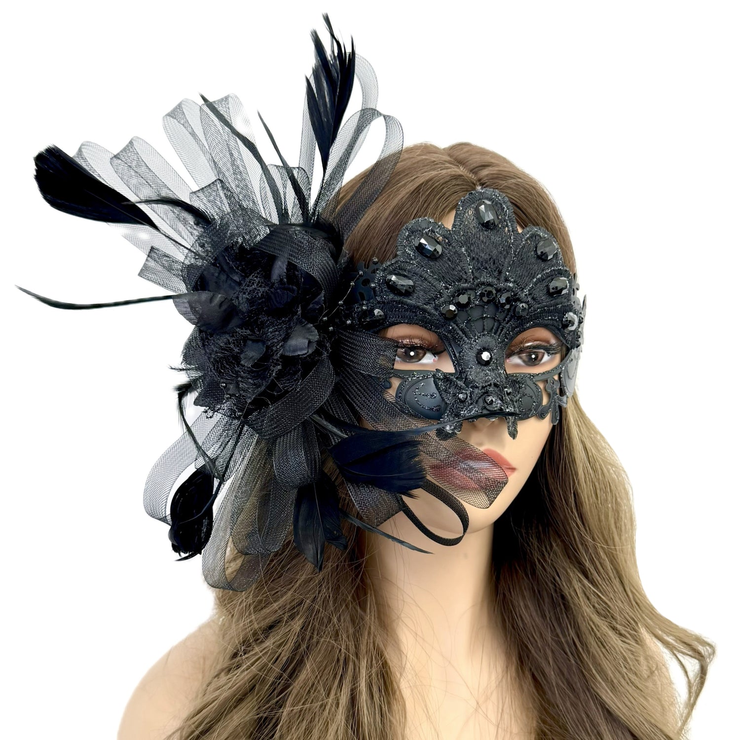Black Women Masquerade Mask Costume Venetian Feather Masks For Mardi Gras Party, Halloween
