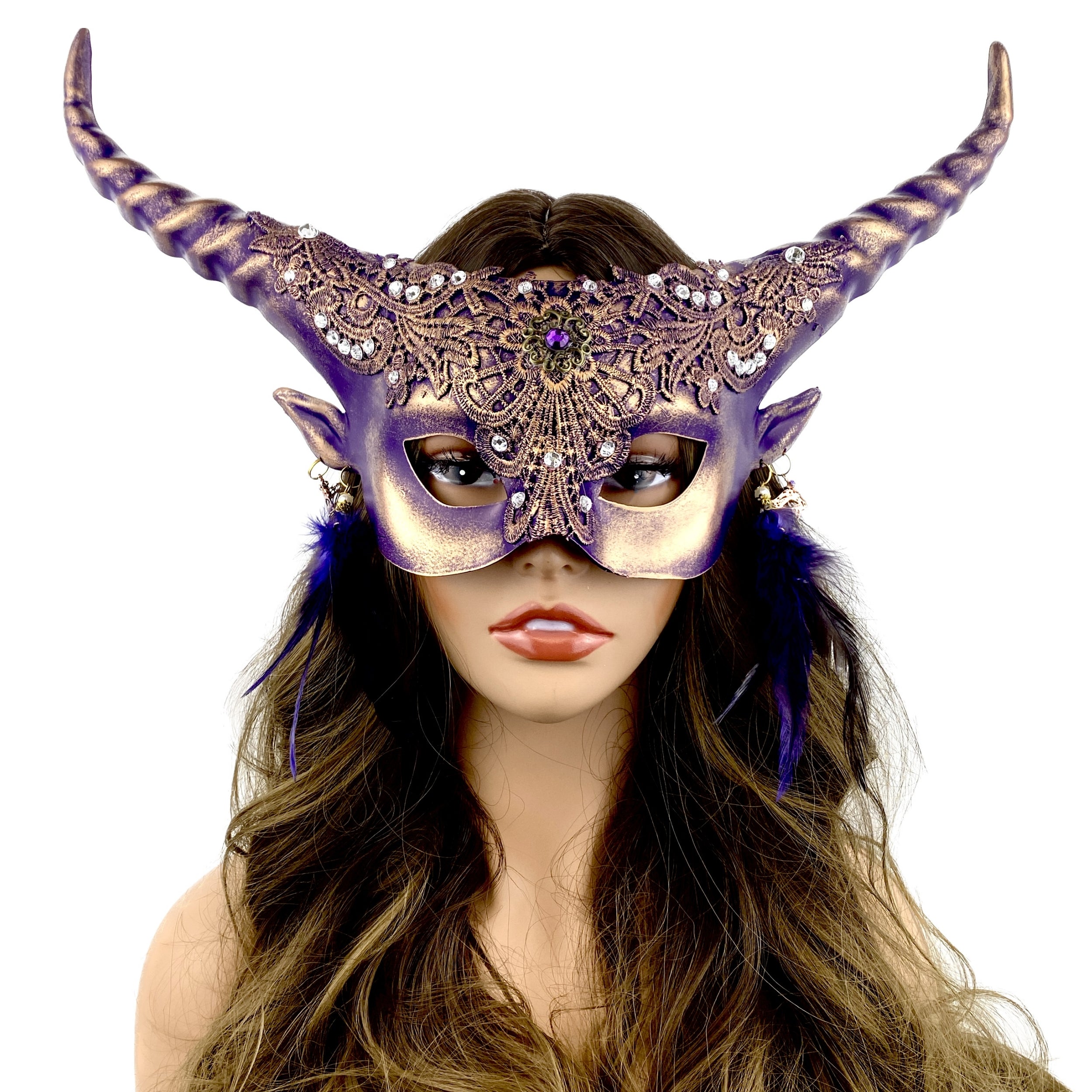women Purple metallic Devil goat horn masquerade mask for Halloween
