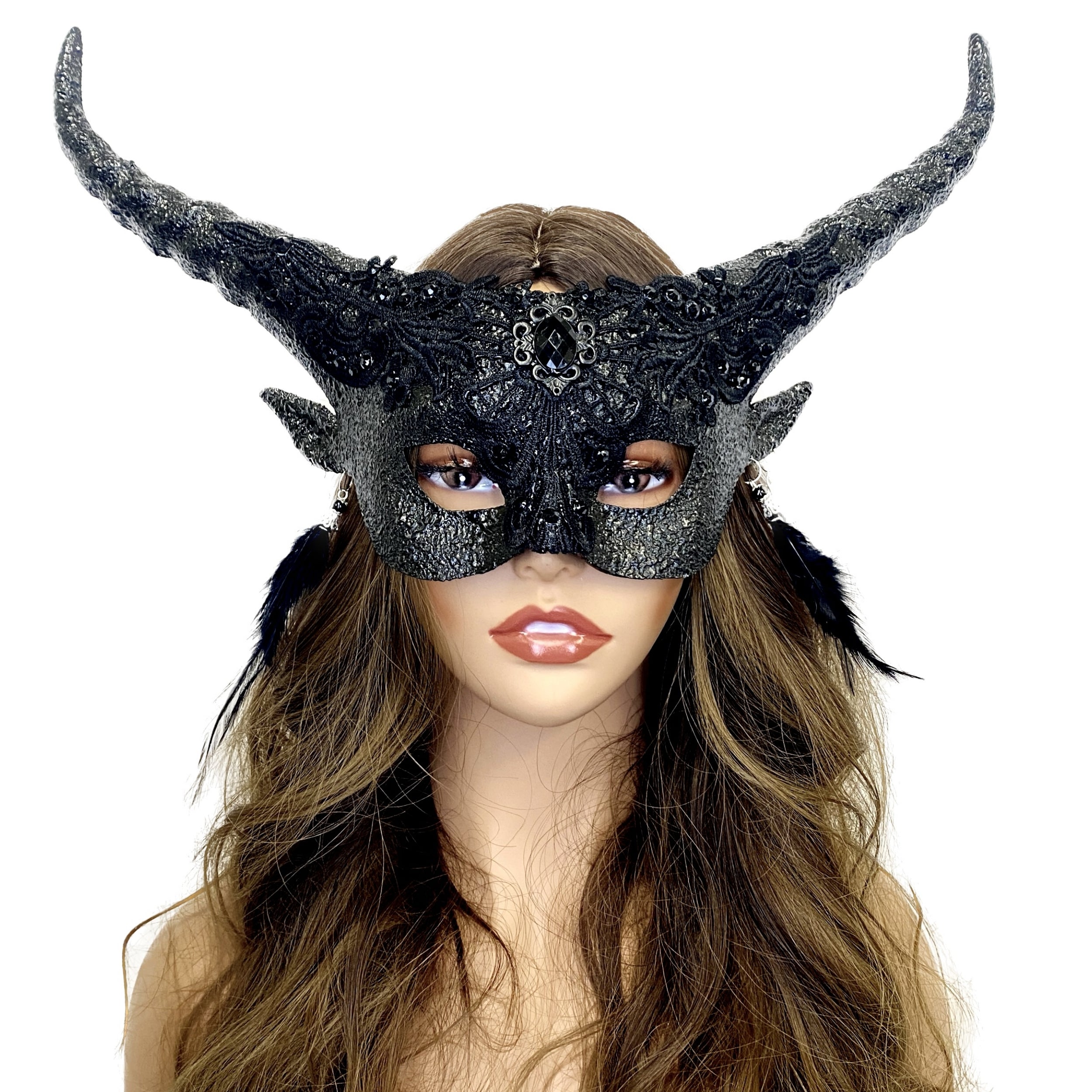 women black metallic Devil goat horn masquerade mask for Halloween