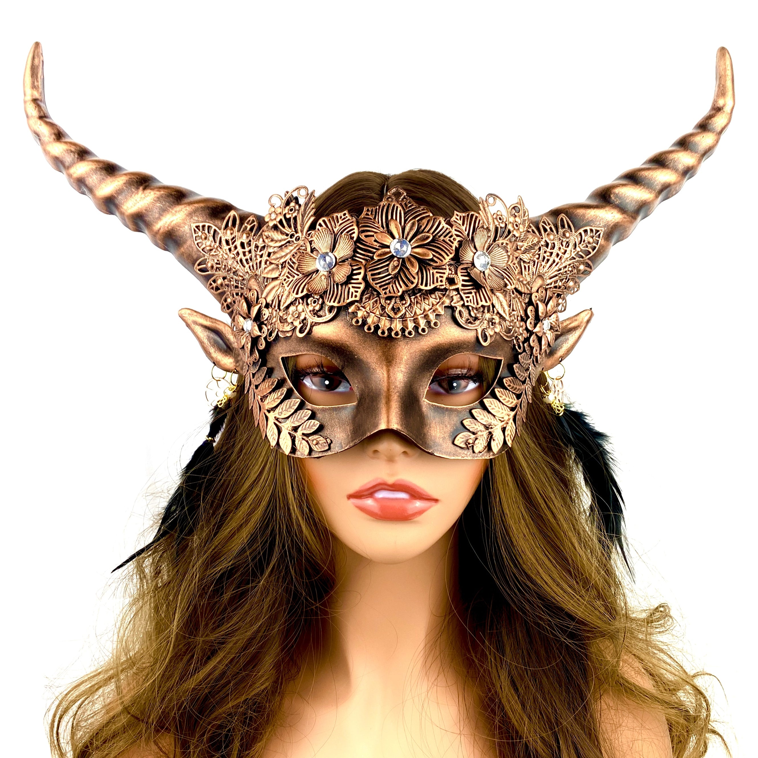 women copper metallic Devil goat horn masquerade mask for Halloween