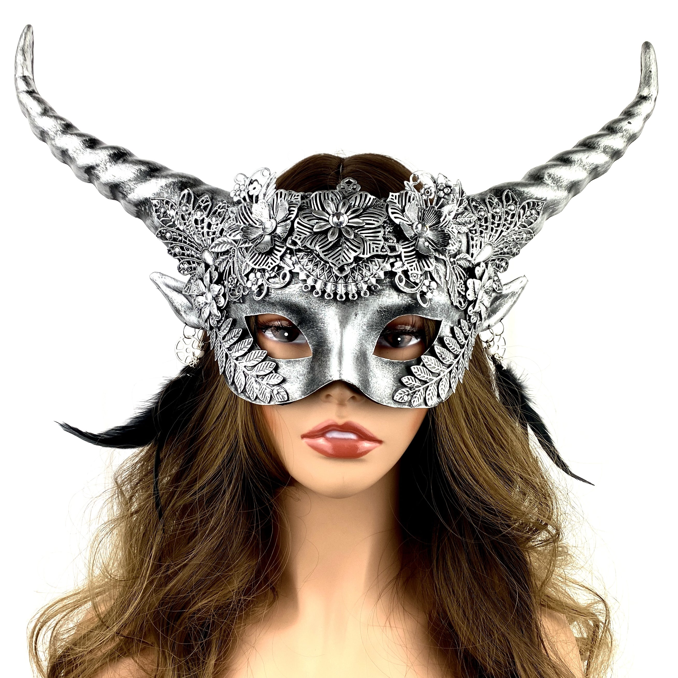 women silver metallic Devil goat horn masquerade mask for Halloween