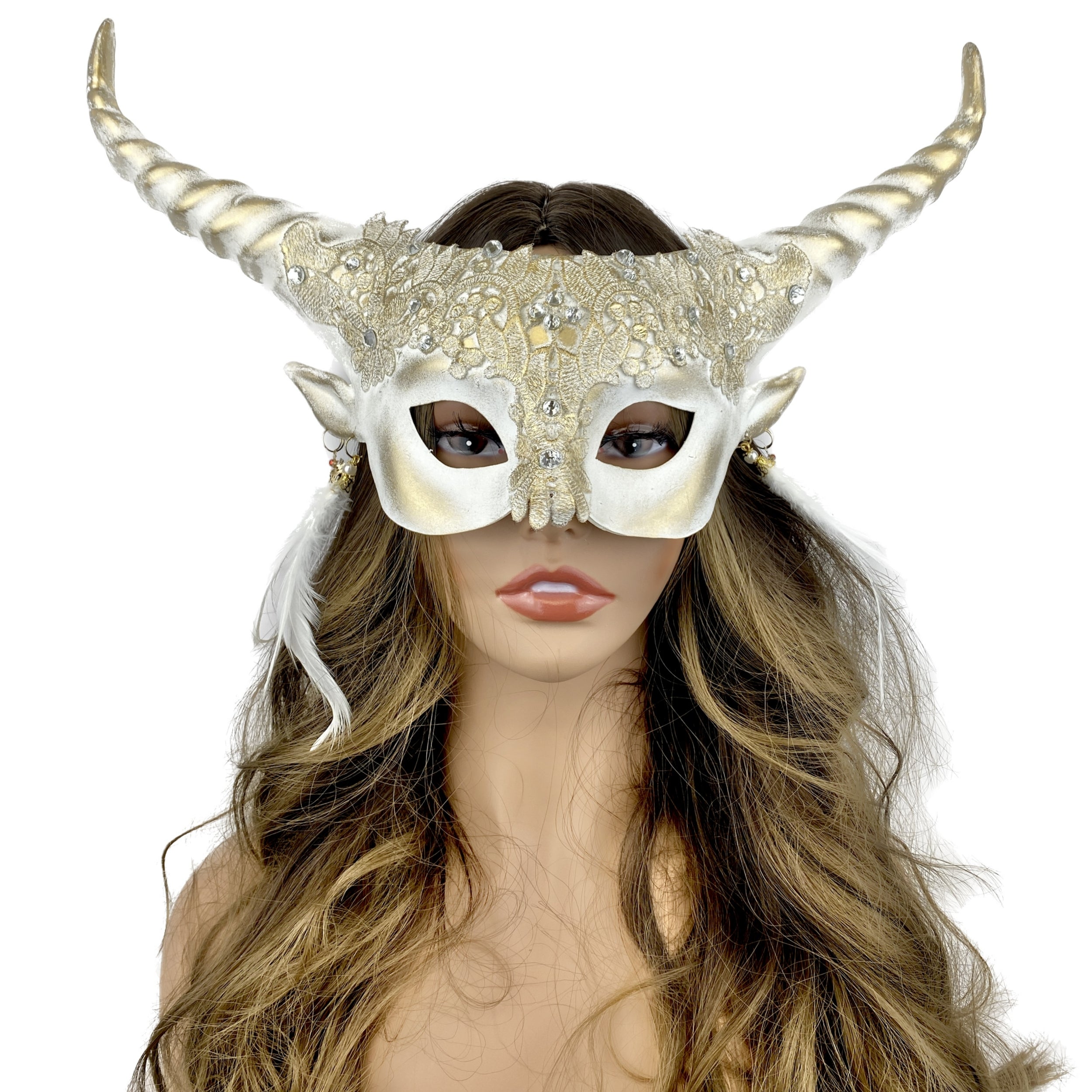 women white metallic Devil goat horn masquerade mask for Halloween