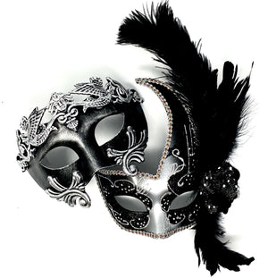 Couples Masquerade Masks, Men Women Venetian Feather Mask For Mardi Gras Cosplay Wedding Graduation Party