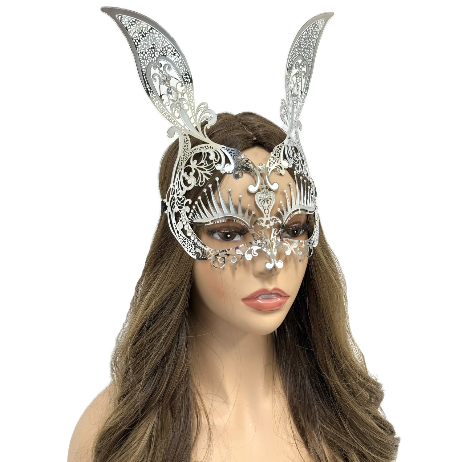 Women Bunny Rabbit Masquerade Party Ball Face Mask For Halloween , Mardi Gras -Silver