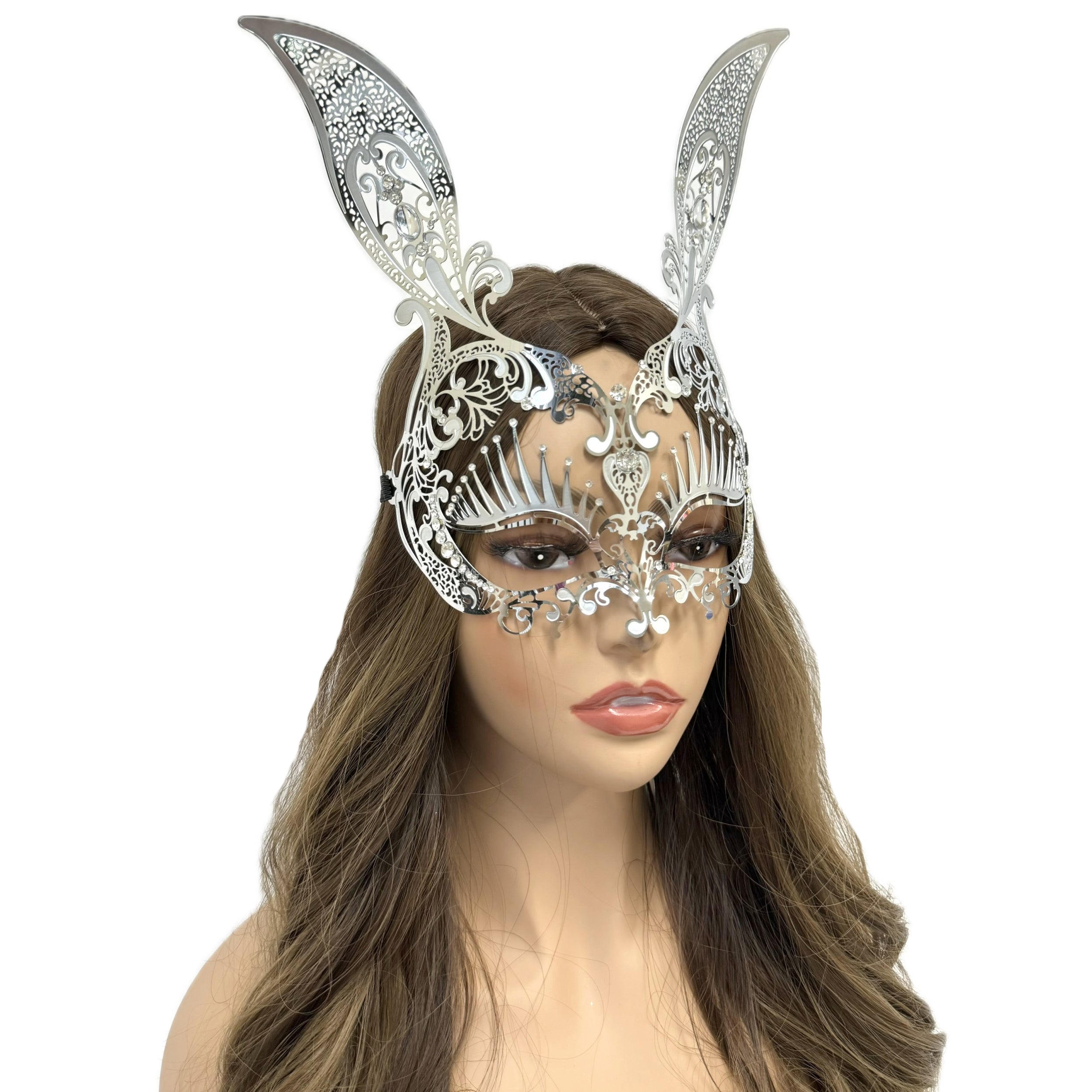 Women Bunny Rabbit Masquerade Party Ball Face Mask For Halloween , Mardi Gras -Silver