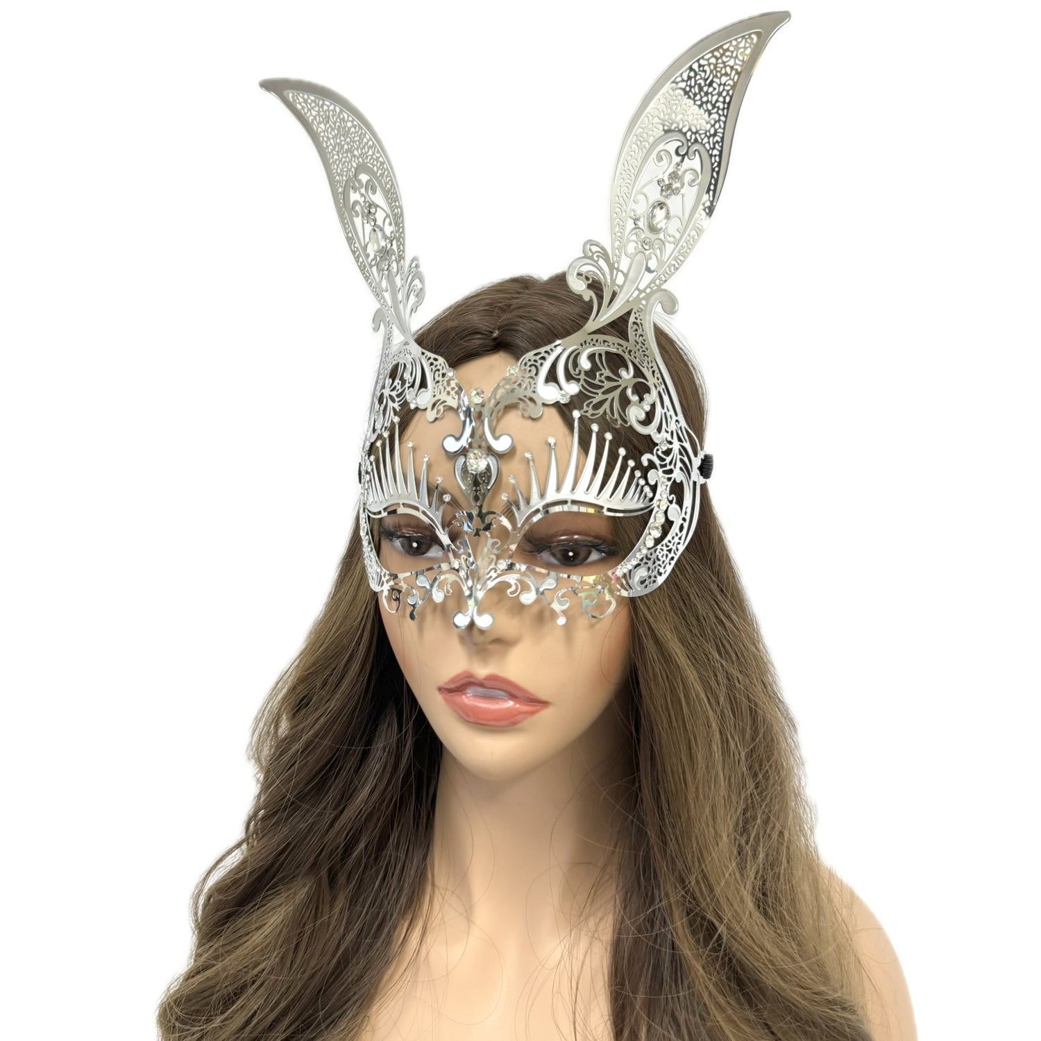 Women Bunny Rabbit Masquerade Party Ball Face Mask For Halloween , Mardi Gras -Silver