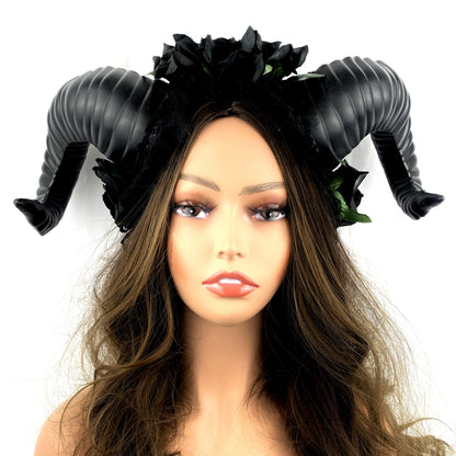 Black Steampunk Style Luxury Metallic Ram Goat Horn Devil Headband Halloween Costume Masquerade Cosplay Prom Ball Party