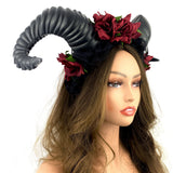 Red Steampunk Style Luxury Metallic Ram Goat Horn Devil Headband Halloween Costume Masquerade Cosplay Prom Ball Party