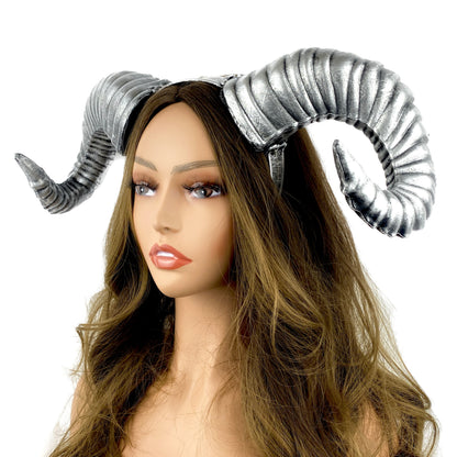 Silver Steampunk Style Luxury Metallic Ram Goat Horn Devil Headband Halloween Costume Masquerade Cosplay Prom Ball Party