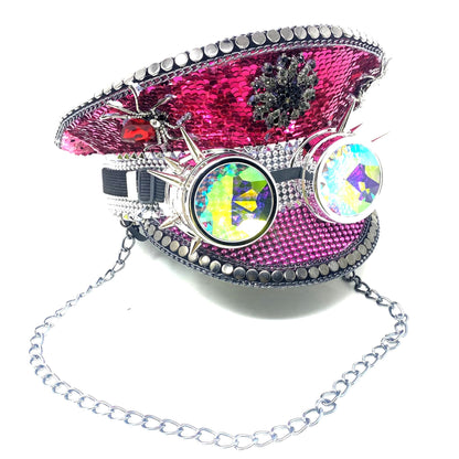 RAVE Captain Style Luxury Women Rhinestone Sequin Top Hat With Goggle For Christmas Costume Cosplay