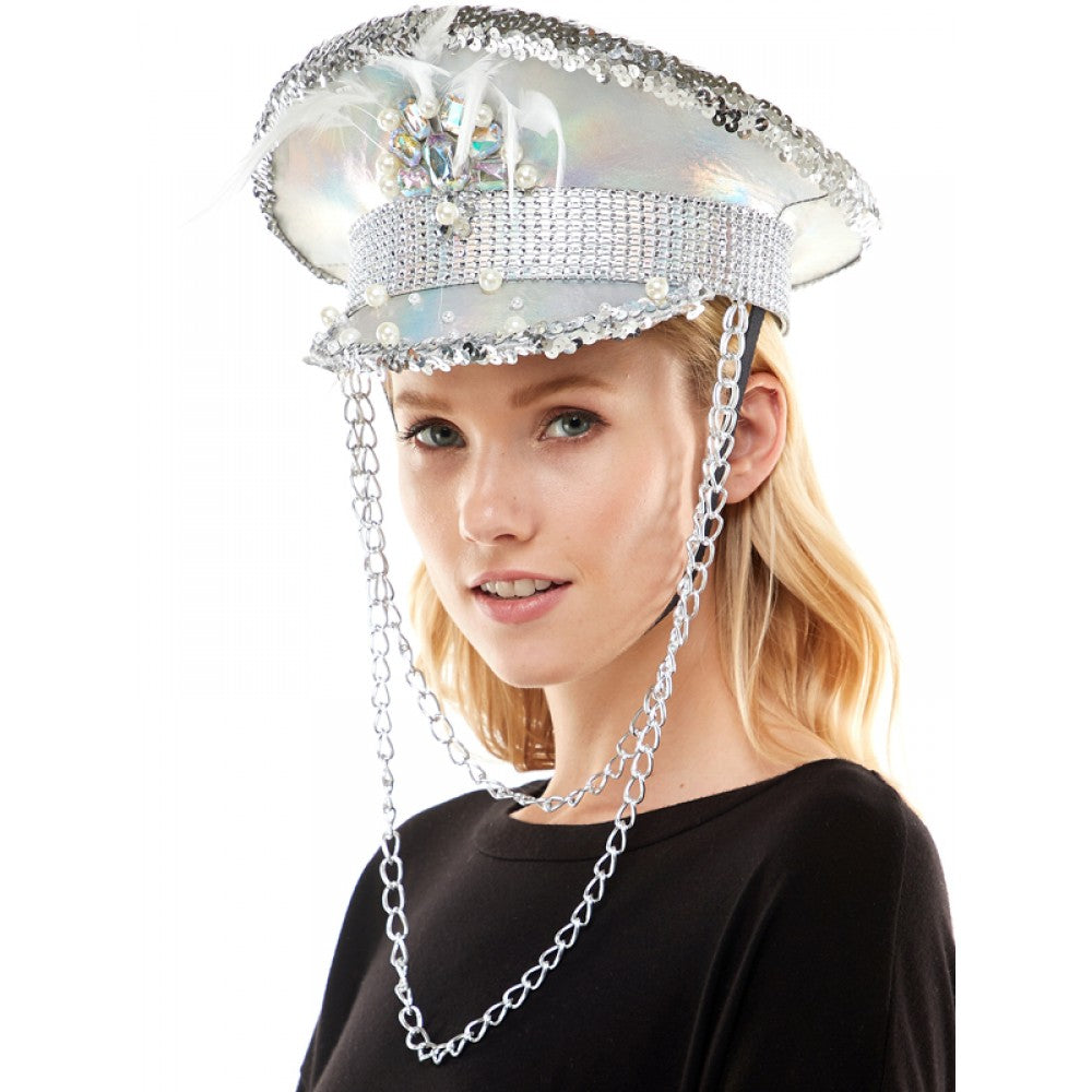 RAVE Captain Style Luxury Women Rhinestone Sequin Top Hat For Christmas Costume Cosplay