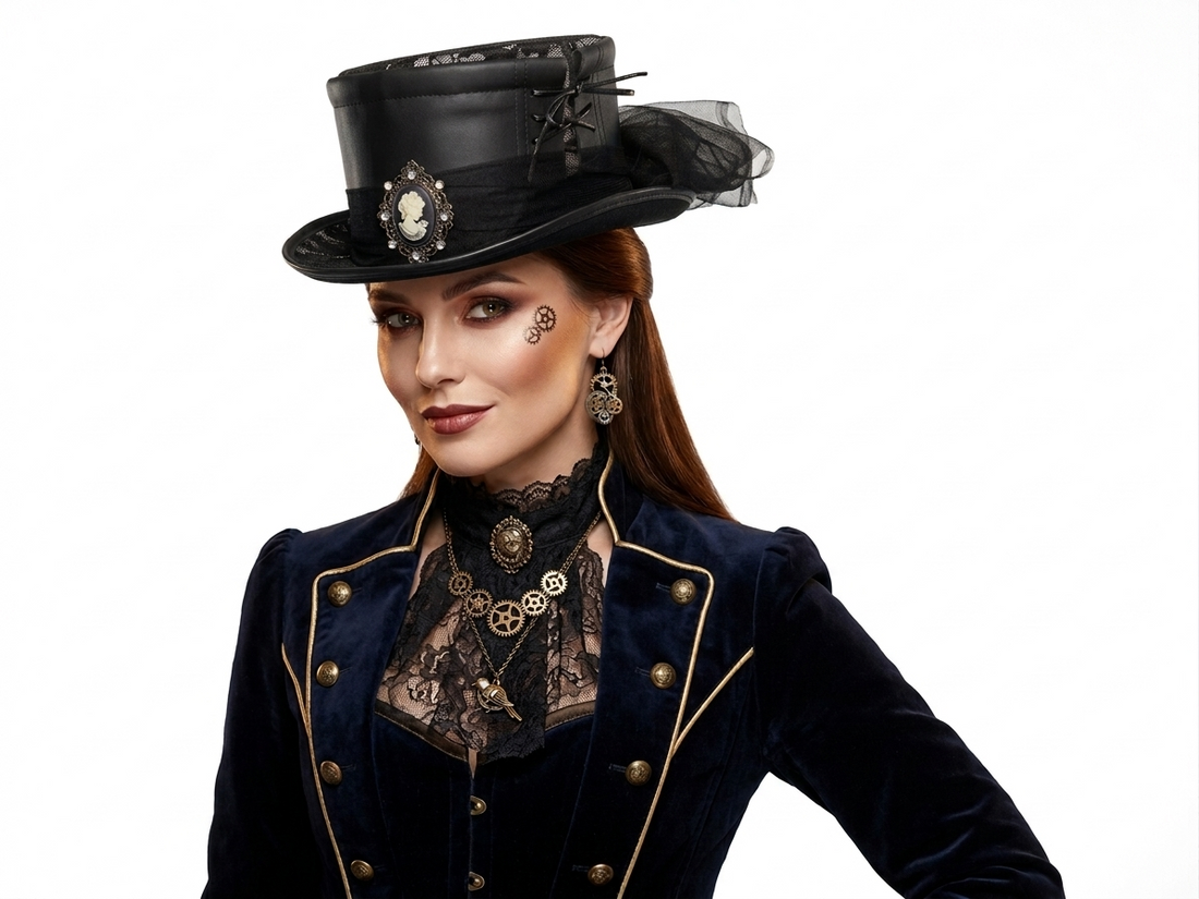 black Steampunk Victorian Mad Hatter Top Hat with Goggles For Halloween 